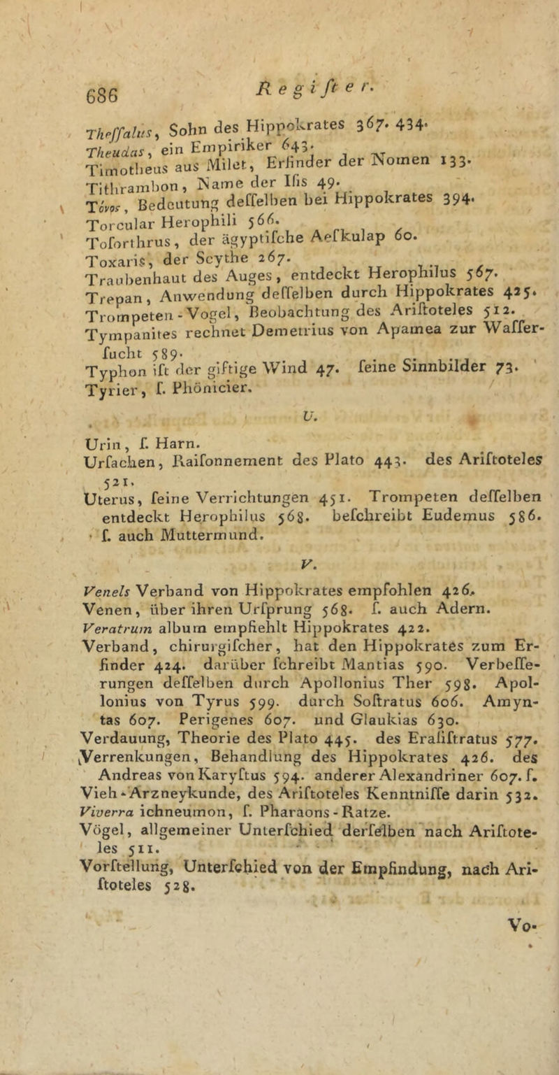 1 \ t 686 Reg i ft e r. Thrffalus, Sohn des Hippokrates 367. 434* Theudas, ein Empiriker 643. Timotheus aus Milet, Erfinder der Nomen Tithrambon, Name der Ifis 49. ToV, Bedeutung deffelben bei Hippokrates Torcular Herophili 56(?. Toforthrus, der ägyptifche Aefkulap 60. 133- 394« Toxaris, der Scythe 267. .... , .. , Traubenhaut des Auges, entdeckt Herophilus 567. Trepan, Anwendung deflelben durch Hippokrates 4*5‘ Trompeten - Vogel, Beobachtung des Ariftoteles 512. Tympanites rechnet Demetrius von Aparnea zur Waffer fucht 589- Typhon ift der giftige Wind 47. feine Sinnbilder 73. Tyrier, f. Phönicier. Urin, f. Harn. Urfaciien, Raifonnement des Plato 443. des Ariftoteles 521. Uterus, feine Verrichtungen 451. Trompeten deffelben entdeckt Herophilus 568- befclireibt Eudemus 586. f. auch Muttermund. V. Venels Verband von Hippokrates empfohlen 426, Venen, über ihren Urfprung 568. f. auch Adern. Veratrum album empfiehlt Hippokrates 422. Verband, chirurgifcher, hat den Hippokrates zum Er- finder 424. darüber fchreibt Mantias 590. Verbeffe- rungen deffelben durch Apollonius Ther 598» Apol- lonius von Tyrus 599. durch Softratus 606. Amyn- tas 607. Perigenes 607. und Glaukias 630. Verdauung, Theorie des Plato 445. des Eraliftratus 577. iVerrenkungen, Behandlung des Hippokrates 426. des Andreas von Karyftus 594. anderer Alexandriner 607.fi, Vieh* Arzneylcunde, des Ariftoteles Kenntniffe darin 532. Viverra ichneumon, f. Pharaons - Ratze. Vögel, allgemeiner Unterfchied derfelben nach Ariftote- ' les 511. ' ■ Vorftellung, Unterfchied von der Empfindung, nach Ari- ftoteles 528. <• Vo-