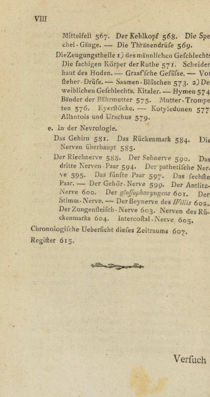 VIJI Mifctelfell 567. Der Kehlkopf 568. Die Spe chei-Gänge.— Die ThVänendrüfe 569. DieZeugungstheile 1) des männlichen Gefchlechtj Die fachigen Körper derRuthe 571. Scheider haut des Hoden.— GraaPfche Gefäfse. — Voi fteher-Drüfe.— Saamen-Bläschen 573. 2}De weiblichen Gefchlechts. Kitzler. — Hymen 574 Bänder der Bährmutter 575. Mutter-Trompe ten 576. Eyerttöcke. — Kotyledonen 577 Allantois und Urachus 579. e. in der Nevrologie. Das Gehirn 581. Das Rückenmark 534. Die Nerven überhaupt 585* Der Riechnerve 588* Der Sehnerve 590. Das dritte Nerven - Paar 594. Der pathetilche Ner. ve 595. Das fünfte Paar 597. Das fechfte Paar Der Gehör-Nerve 599. Der Antlitz- Nerve 600. Der glofl'opharyngeiis 60r. Der Stimm-Nerve. — DerBeynerve des Heinis 602, DerZungenfleifch.Nerve 603. Nerven des Rü- ckenmarks 604. Intercoftal-Nerve 605. Chronoiogifche Ueberficht diefes Zeitraums 607. Reglfter Ö15. Ver flieh