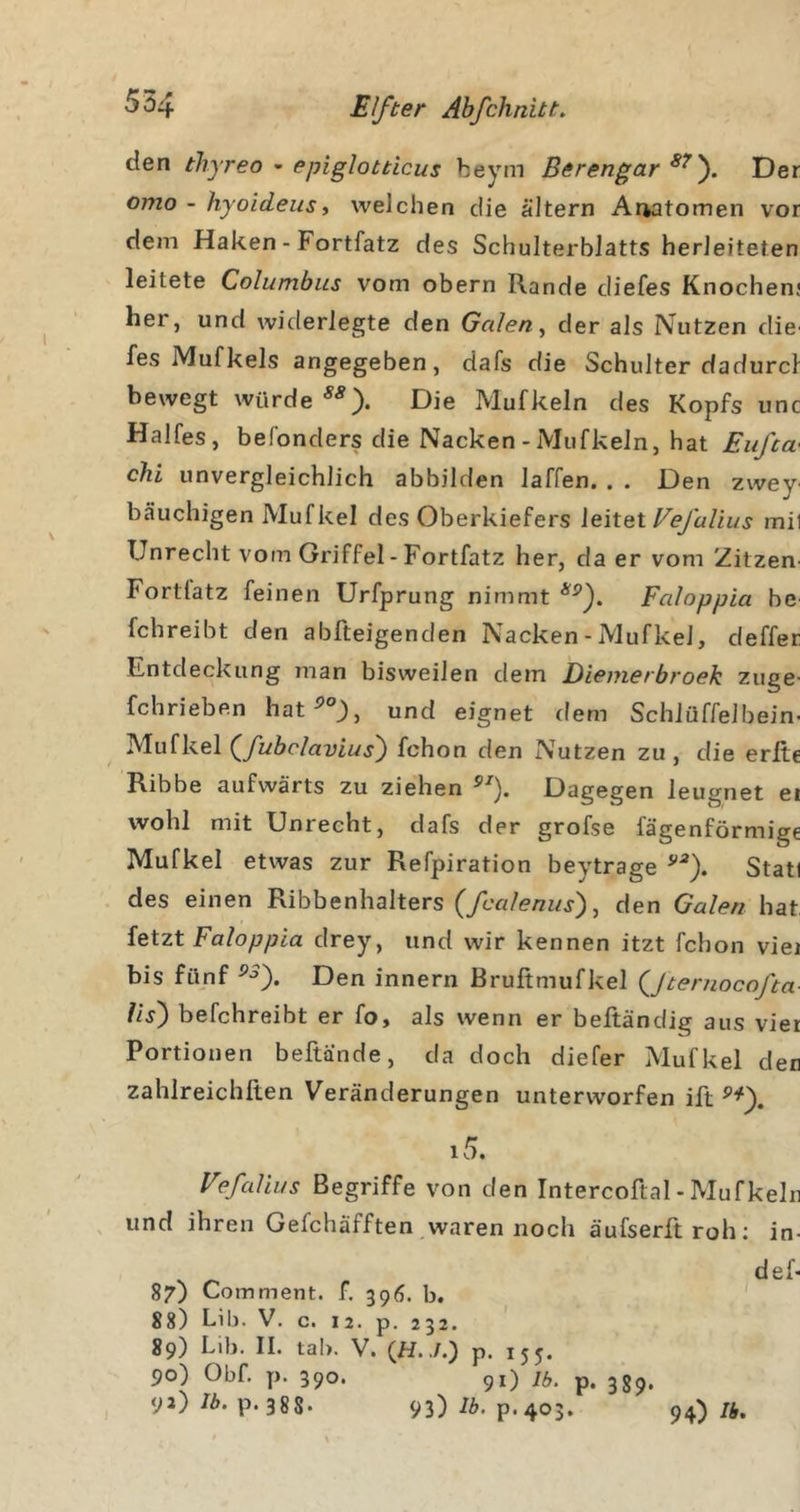 den thyreo • epiglotticus beym Berengar Der omo - hyoideusi welchen die altern Anatomen vor dem Haken - Fortfatz des Schulterblatts herleiteten leitete Columbus vom obern Rande diefes Knochenj her, und widerlegte den Galen ^ der als Nutzen die' fes Mufkels angegeben, dafs die Schulter dadurcl bewegt Würde Die Mufkeln des Kopfs unc Halfes, befonders die Nacken-Mufkeln, hat Eufta' chi unvergleichlich abbilden laffen. . . Den zwey bauchigen Mufkel des Oberkiefers leitet mi1 Unrecht vom Griffel - Fortfatz her, da er vom Zitzen^ Fortfatz feinen Urfprung nimmt Faloppla be fchreibt den abfteigenden Nacken - Mufkel, deffer Entdeckung man bisweilen dem Diemerbroek zuge- fchrieben hat^°;, und eignet dem Schlüffelbein- Mufkel (/wÄc/auiwj) fchon den Nutzen zu, die erlte Ribbe aufwärts zu ziehen Dagegen leugnet ei wohl mit Unrecht, dafs der grofse fägenförmige Mufkel etwas zur Refpiration beytrage StatI des einen Ribbenhalters (fcalenus), den Galen hat fetzt Faloppla drey, und wir kennen itzt fchon viei bis fünf ^-5). Den innern Bruftmufkel {Jternocofta- lls') befchreibt er fo, als wenn er beftändig aus vier Portionen beftande, da doch diefer Mufkel den zahlreichften Veränderungen unterworfen ift i5. Vefalius Begriffe von den Intercoftal - Mufkeln und ihren Gefchäfften waren noch äufserftroh; in- 87) Com ment. f. 396. b. 88) Lil). V. c. 12. p. 232. 89) Lib. II. tab. V. (H../.) p. 155. 90) Obf. p. 390. 91) ib. p. 389. 92)74. p. 388. 93) p« 403. 94)