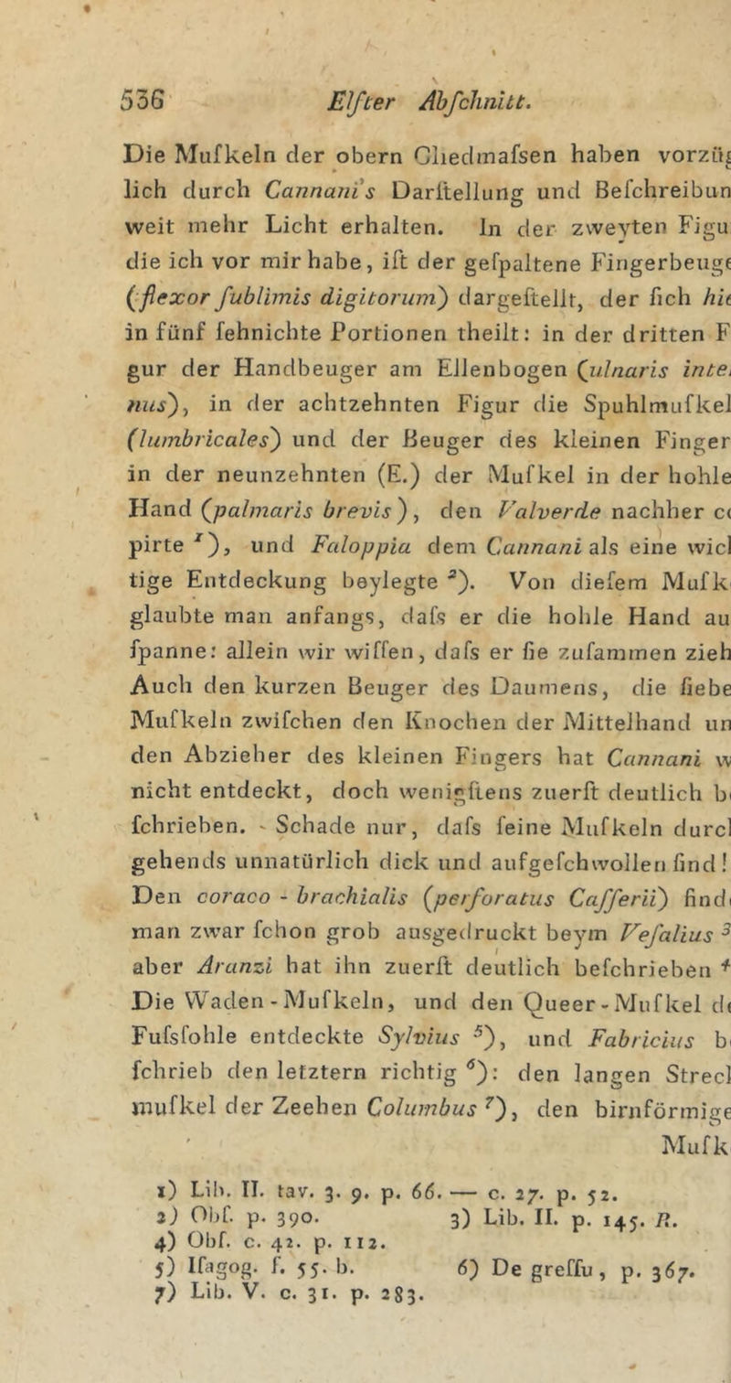 Die Mufkeln der obern Cliedinafsen haben vorzih lieh durch Cannaiiis Daritellung und Befchreibun weit mehr Licht erhalten. ln der zweyten Figu die ich vor mir habe, ift der gefpaltene Fingerbeug« (jflexor fublhnis digitorum^ dargeftellt, der fich hit in fünf fehnichte Portionen theilt: in der dritten F gur der Handbeuger am Ellenbogen (iilnaris inte^ mis')y in der achtzehnten Figur die Spuhlmufkel (Jumbricales) und der Beuger des kleinen Finger in der neunzehnten (E.) der Mufkel in der hohle Hand (^palmaris brevisf den Valverde nachher c( pirte und Faloppia dem Cawna/zi als eine wie) tige Entdeckung beylegte ^). Von diefem Mufk glaubte man anfangs, dafs er die hohle Hand au fpanne; allein wir wiffen, dafs er fie zufammen zieh Auch den kurzen Beuger des Daumens, die liebe Mufkeln zwifchen den Knochen der Mittelhand un den Abzieher des kleinen Fingers hat Cannani w nicht entdeckt, doch wenigflens zuerft deutlich bi fchrieben. ' Schade nur, dafs feine Mufkeln durcl gehends unnatürlich dick und aufgefchwollen find ! Den coraco - hrachialis (^perforatus Cajferii) findi man zwar fchon grob ausgedruckt beym Vefalius ^ aber Aranzi hat ihn zuerft deutlich befchrieben ^ Die Waden - Mufkeln, und den Queer - Mufkel d( Fufsfohle entdeckte Sylvins •^), und Fabriciiis bi fchrieb den letztem richtig^): den langen Strecl mufkel der Zeehen Co/^/777ÄWJ den bimförmige Mufk j) Liln II. tav. 3. 9, p. 66. — c. 27. p. 52. 2) Obf. p. 390. 3) Lib. II. p. 145. /?. 4) Obf. c. 42. p. 112. 5) Ifagog. 1. 55. b. 6) De greffu, p. 367. 7) Llb. V. c. 31. p. 283.