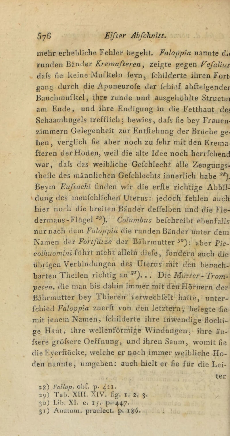 mehr erhebliche Fehler begeht. Faloppia nannte dh runden Bänder Kremafteren^ zeigte gegen Vefalius dafs fie keine Mufkeln feyn, fchilderte ihren Fort' gang durch die Aponeurol'e der fchief ablteigender Bauchrnufkel j ihre runde und ausgehöhlte Structui am Ende, und ihre Endigung in die Fetthaut des Schaamhügels trefflich; bewies, dafs fie bey Frauen- zimmern Gelegenheit zur Entftehung der Brüche ge- ben, verglich fie aber noch zu fehr mit den Krema- lteren der Hoden, weil die alte Idee noch herrfchend war, dafs das weibliche Gefchlecht alle Zeugungs- theile des männlichen Gefchlechts innerlich habe Beym Euftachi finden wir die erfte richtige Abbil- * düng des menfchlichen Uterus: jedoch fehlen auch hier noch die breiten Bänder deffelben und die Fle- dertnaus-Flügel Cohimbus befchreibt ebenfalls nur nach dem Faloppia die runden Bänder unter dem Namen dc.v Fortfütze der Bährmutter : aber Pic- colliuominl führt nicht allein diefe, fonderii auch die übrigen Verbindungen des Uterus riiit den benach- barten Theilen richtig an . . Die Mutter - Trom- peten, die man bis dahin immer mit den Hörnern der Bährmutter bey Thieren verwechfelt lialte, unter- fchied Faloppia zuerft von den letztem', belegte fie mit jenem Namen, fchilderte ihre inwendige flocki- ge Haut, ihre wellenförmige Windungen, ihre äu- fsere gröfsere Oeffiiung, und ihren Saum, womit fie die Eyerltöcke, welche er noch immer weibliche Ho- den nannte, umgeben; auch hielt er fie für die Lei- ter as) Faltop. obf. p. 421. 29) Tab. XIII. XIV^. fig. I. 2. 3. / 30) Lib. XI. c. 15. p. 447. 31) Anaioin. praelect. p. igö.