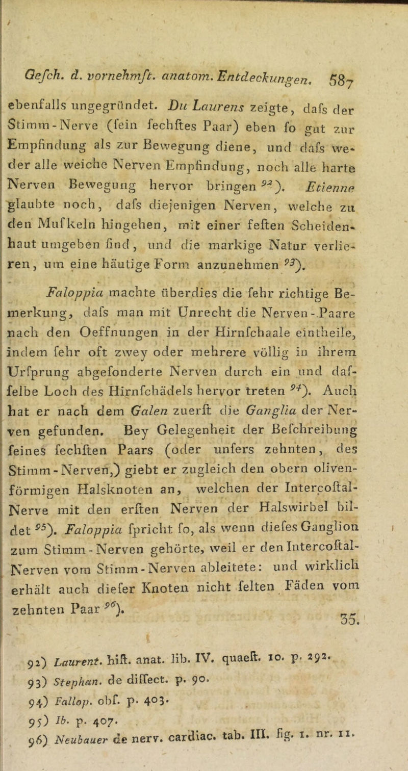 ebenfalls iingegründet. Du Lciurens zeigte, dafs der Stimm-Nerve (fein fechftes Paar) eben fo gut 7.ur Empfindung als zur Bewegung diene, und dafs we* der alle weiche Nerven Empfindung, noch alle harte Nerven Bewegung hervor bringen Etienne glaubte noch, dafs diejenigen Nerven, welche zu den Mufkeln hingehen, mit einer feften Scheiden- haut umgeben find , und die markige Natur verlie- ren, um eine häutige Form anzunehmen Faloppia machte überdies die fehr richtige Be- i merkung, dafs man mit Unrecht die Nerven-.Paare nach den Oeffnungen in der Hirnfehaale eintheile, indem fehr oft zwey oder mehrere völlig in ihrem Urfprung abgefonderte Nerven durch ein und daf- I felbe Loch des Hirnfchädels hervor treten Auch ! hat er nach dem Galen zuerft die GangUa der Ner- j ven gefunden. Bey Gelegenheit der ßefchreibung ! feines fechften Paars (oder unfers zehnten, des I Stimm-Nerven,) giebt er zugleich den obern oliven- I förmigen Halsknoten an, welchen der Intercoltal- Nerve mit den erften Nerven der Halswirbel bil- det ^0- Faloppia fpricht fo, als wenn diefes Ganglion zum Stimm - Nerven gehörte, weil er den Intercoftal- Nerven vom Stimm-Nerven ableitete: und wirklich erhält auch diefer Knoten nicht feiten Fäden vom zehnten Paar a.b. 92) Laurent, hift. anat. lib. IV. quaeft. 10. p. 292. 93) Stephan, de diffect. p. ^O. 94) Fallop. obf. p* 4®3* I 95) Ib. p. 407.