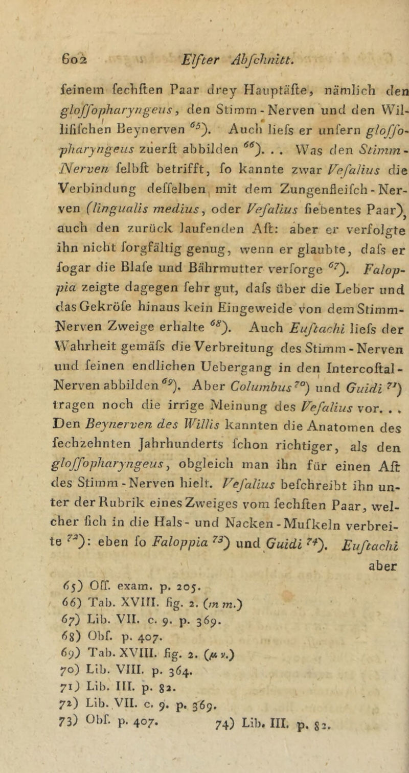 feinem fecliften Paar Jrey Flauptäfte, nämlich den gloffopharyngeiis, den Stimm - Nerven und den Wil- lififchen Beynerven Audi liefs er unfern gloffo- pharyngeiis ziierlt abbiJden . . Was den Stimm- Nerven felbft betrifft, fo kannte zwar Vefalius die Verbindung deffeJben mit dem Zungenfleifch - Ner- ven (lingualis medius, oder Vefalius fiebentes Paar) auch den zurück laufenden Aft: aber er verfolgte ihn nicht forgfältig genug, wenn er glaubte, dafs er fogar die Blafe und ßährmutter verl'orge Falop- pia zeigte dagegen fehr gut, dafs über die Leber und das Gekröfe hinaus kein Eingeweide von demStimm- Nerven Zweige erhalte Auch Euftaehi liefs der Wahrheit gemäfs die Verbreitung des Stimm - Nerven , und feinen endlichen Uebergang in den Intercoftal- Nerven abbildenAber Columbus^°) und Guidi tragen noch die irrige Meinung des Vefalius vor. . . Den Beynerven des Willis kannten die Anatomen des fechzehnten Jahrhunderts fchon richtiger, als den gloffopharyngeiis, obgleich man ihn für einen Aft des Stimm-Nerven hielt. Vefalius befchreibt ihn un- ter der Rubrik eines Zweiges vom fechften Paar, wel- cher fich in die Hals - und Nacken-Mufkeln verbrei- te ^0- eben fo Faloppia 7^) und Guidi Euftaehi ' aber &lt;35) Off. exam. p. 205. 66) Tab. XViri. fig. 2. (mm.) 67) Lib. VII. c. 9. p. 369. 65) Obf. p. 407. 69) Tab. XVIII. hg. 2. (^v.) 70) Llb. VIII. p. 364. 71) Lib. III. p. 82. 7z) Lib. VII. c. 9. p. 369. 73) Obf. p. 407. 74) Lib. III. p. 82.