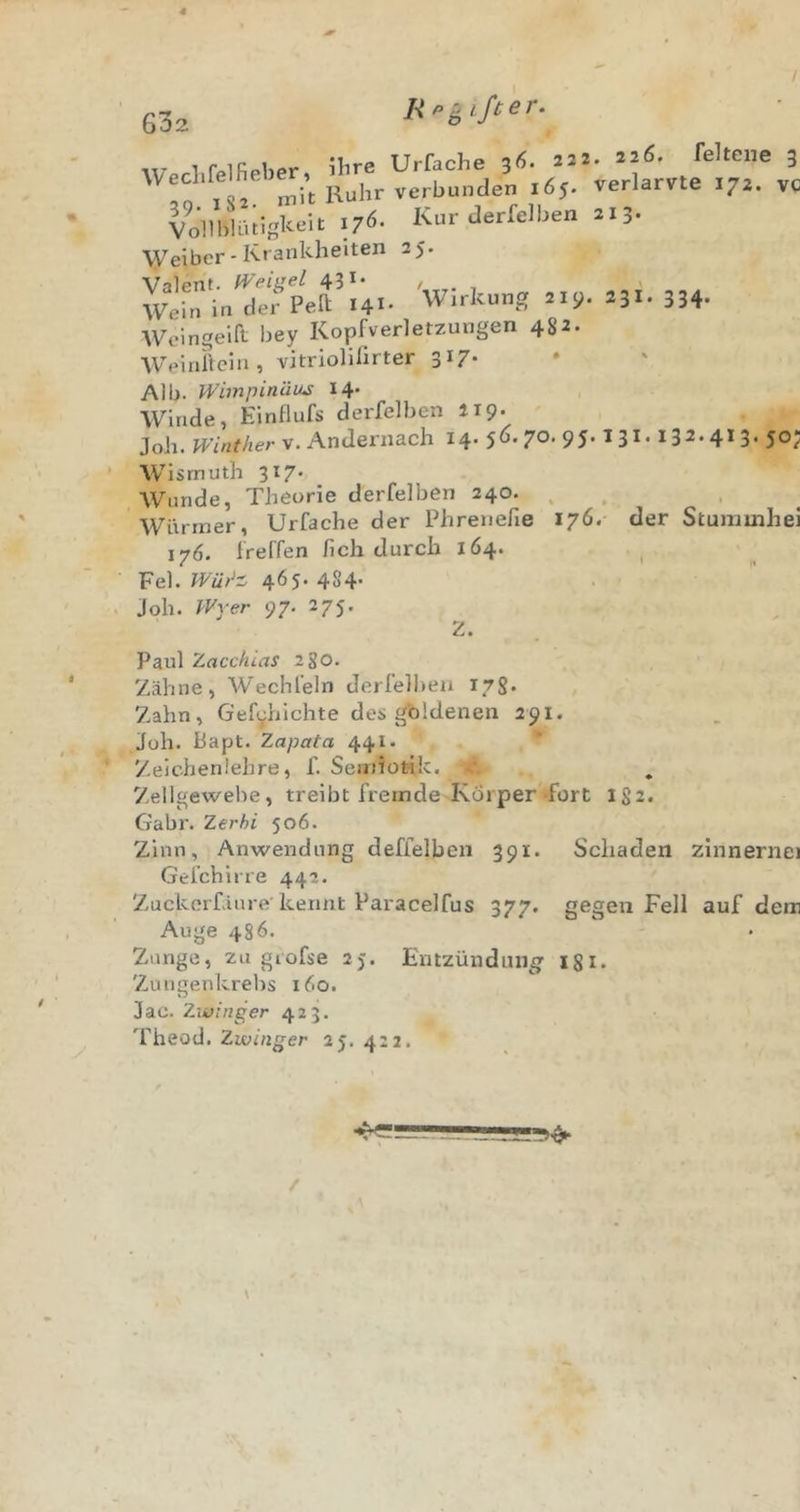 Wccl.felfieber, ihre Tö-, mit Ruhr verbunden 165. verlarvte 172. vc 59* . ✓ iv’ '■* t'y. 334- »iigkeitxzö. Kurderfelben 2 13. Weiber-Krankheiten 25. Wehrin^efM^Ui- 'Wirkung 2iy. 231' Weingeift bey Kopfverletzungen 482. Weinilcin, vitriolÜirter 317* Alb. WimpinäiMS 14. Winde, Einflufs derfelben I19. Joh. Winther v- Andernach 14. 5^’ 7®* 95* ^31* i32.4*3' 5®/ Wismuth 317. Wunde, Theorie derfelben 240. , , , ^ Würmer, Urfache der Phrenefie 176. der Stumuihei 17Ö. Treffen fich durch 1Ö4. ^ Fel. 465-484- Joh. Wyer 97. 275. Z. Paul Zaccfiias 2So. Zähne, Wechfeln derlelhen 178* Zahn, Gef^hichte des g'öldenen 291. ^Jüh. Bapt. Zapata 441. * Zeichenlehre, f. Semiotik, c. Zellgewebe, treibt fremde Körper «fort 182. Gabr. Zerbi 506. Zinn, Anwendung deffelben 391. Schaden zinnernei Gefchirre 442. Zuckerfäure'kennt Paracelfus 377. gegen Fell auf dem Auge 486. Zunge, zu grofse 25. Entzündung' igi. Zungenkrells 160. Jac. Z-winger 423. Theod. Zwinger 25. 4:2.