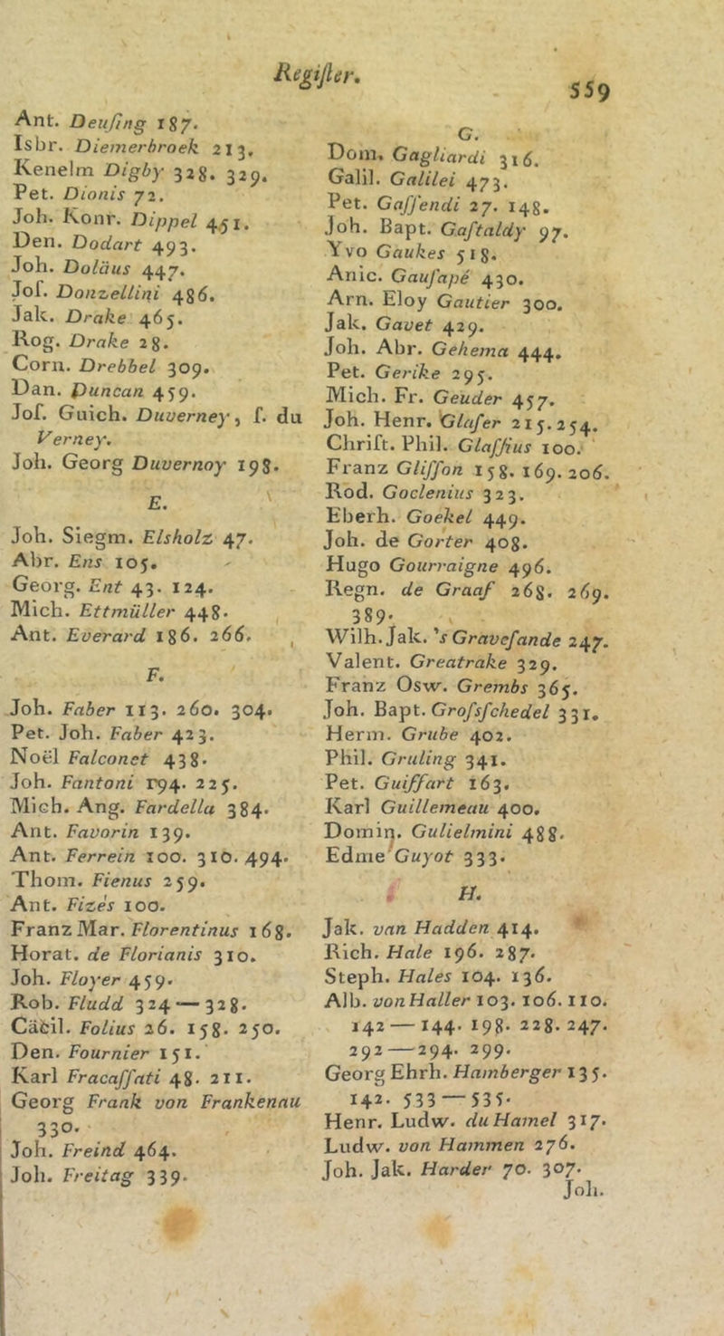 B^egifler, 559 Ant. Deufing xg/. Isbr. Diemerhroek 21 3, Kenelm Digby 328. 329. Pet. Dionis 72. Job. Konr. Dippel 4^1. Den. Dodart 493. Job. Doläus 447. Jof. Donzellini 486. Jak. Drake' ^6^. Rog. Drake 28. Corn. Drebbel 309. Dan. Puncan 459. Jof. Guich. Duverney ^ f. du Verney\ Job. Georg Duvernoy 198. E. ^ Job. Siegm. Eisholz 47. Abr. Ens 105. Georg. Ent 43. 124. Micb. Ettmüller 448* , Ant. Everard igö« 266. ^ F. Job. FrtÄer 113. 260. 304. Pet. Job. Faber 423. Noel Falconst 438« Job. Fantoni r94. 225. Mich. Ang. Fardella 384* Ant. Favorin 139. Ant. Ferrein 100. 310. 494» Tbom. Fienus 259. Ant. Fizes 100. Franz Mar. Florentinus 16g. Horat. de Florianis 310. Job. Floyer 459. F-oh. Fludd 324 — 32g. Cäfcil. Folius 26. 158. 250. Den. Fournier 151. Karl Fracaffati 48. 211. Georg Frank von. Frankenau 33O' Job. Freind 464. Job. Freitag 339. G. T)om, Gagliardi 316. Galil. Galilei 473. Pet. Gaffendi 27. 148. Job. Bapt. G.aftaldy 97. Y vo Gaukes 51 g. Anic. Gaufape 430. Arn. Eloy Gautier 300. Jak. Gavet 429. Job. Abr. Gehema 444. Pet. Gerike 295. Micb. Fr. Geuder 457. Job. Henr. Glafer 215.254. Cbrift. Pbil. Glafjius 100. Franz Gliffon 158. 169.20(5. Rod. Gocleniiis 323. Eberb. Goekel 449. Job. de Gort er 408. Hugo Gourraigne 496. Regn. de Graaf 26s. 269. 389- Wilb. Jak. 's Gravefande 247. Valent. Greatrake 329. Franz Osw. Grembs 365. Job. Bapt, Grofsfchedel 331, Herrn. Grube 402. Pbil. Gr ulin g 341. Pet. Guiffart 163. Karl Guillemeau 400. Domitj. GuUelmini 48g. Edme OM/of 333. i H. Jak. van Hadden 414« Rieb. Haie 1^6. 287. Steph. Haies 104. 136. Alb. vonHaller 103. I06.1 lo. 142 — 144. 198- 228.247. 292—294. 299. Georg Ebrb. Hornberger 135. 142. 533 — 535- Henr. Ludw. du Hamei 317. Ludw. von Hammen 276. Job. Jak. Harder 70. ‘ioy.