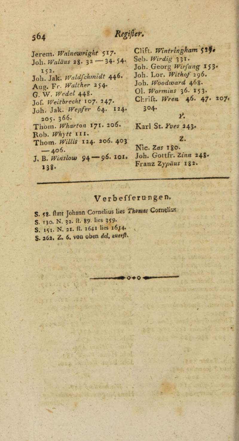 Regißer, Jerem. iVfiinewright 517* Joh. Waläus 28- 3* — 34- 54- Joh. Jak. Waldfchmidt 446. Au^. Fr. Walther 254. _ G. W. Wedel 448. . Jof. Weitbrecht 107. 247. Joh. Jak. Wepfer 64. 124. 205. 366* Thbin. Wharton 17^* 2o6» Bob. Whytt III. ‘ Thom. Willis 124. 206. 405 — 406. J. ^.'Winslow 94 — 96. lOI. 13S&gt; CU Ft. Wtnfringham Sei). Wirdig 3 3^' Joh.^Georg Wirfung 153* Joh. Lor. Withof 296. Joh. Woodward 468. 01. Wormius 36* 15 3* Chrlft. Wrea 46. 47. 207* 304. Karl St. yues 243. Z. Nie. Zas 180. Joh. Gortfr. Zinn 24g- Fram Zypüus i82. Verbefferung^n. S. /s- Hart Johann Cornelius lies Thomm Cornelius S. 130. N. 32. h. 89- lies 359* S. iSi-N. 21. 11. 1641 lies i6j4. v S. 262. Z. 6. von oben dH. »«trfi. I 1