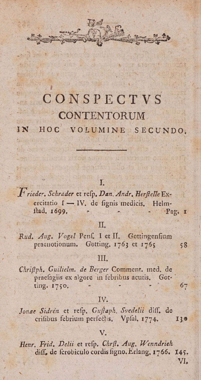 CONSPECTVS CONTENTORUM IN HOC VOLUMINE SECUNDO. I. | | EF. rieder, Schrader et vefp, Dan. Zindr, Herflelle Ex- ercitatio Í — 1V, de fignis medicis, Helm- ftad, 1699. - - -co^Pags qo -* we IL | Rud, Jug. Vogel PenC LetIL, Gottingenfium praeuotionum, | Gotting, 1763 et 1765 58 LK: Chriflph. Guilielm. de Berger Comment. med, de praefagiis ex algore in febribus acuüs, — Got- E ting. I750, . - rus 67 . | UU M | Jonae Sülrén et refp. Guftaph, Svedelii diff, de crifibus febrium perfectis, X Vpfal, ITI ^V 1198 | 3s Henr, Frid. Deli et refp. Chrff, Mug. W'enndrick diff, de fcrobiculo cordis figno. Erlang, 1766. X45. ' VI,