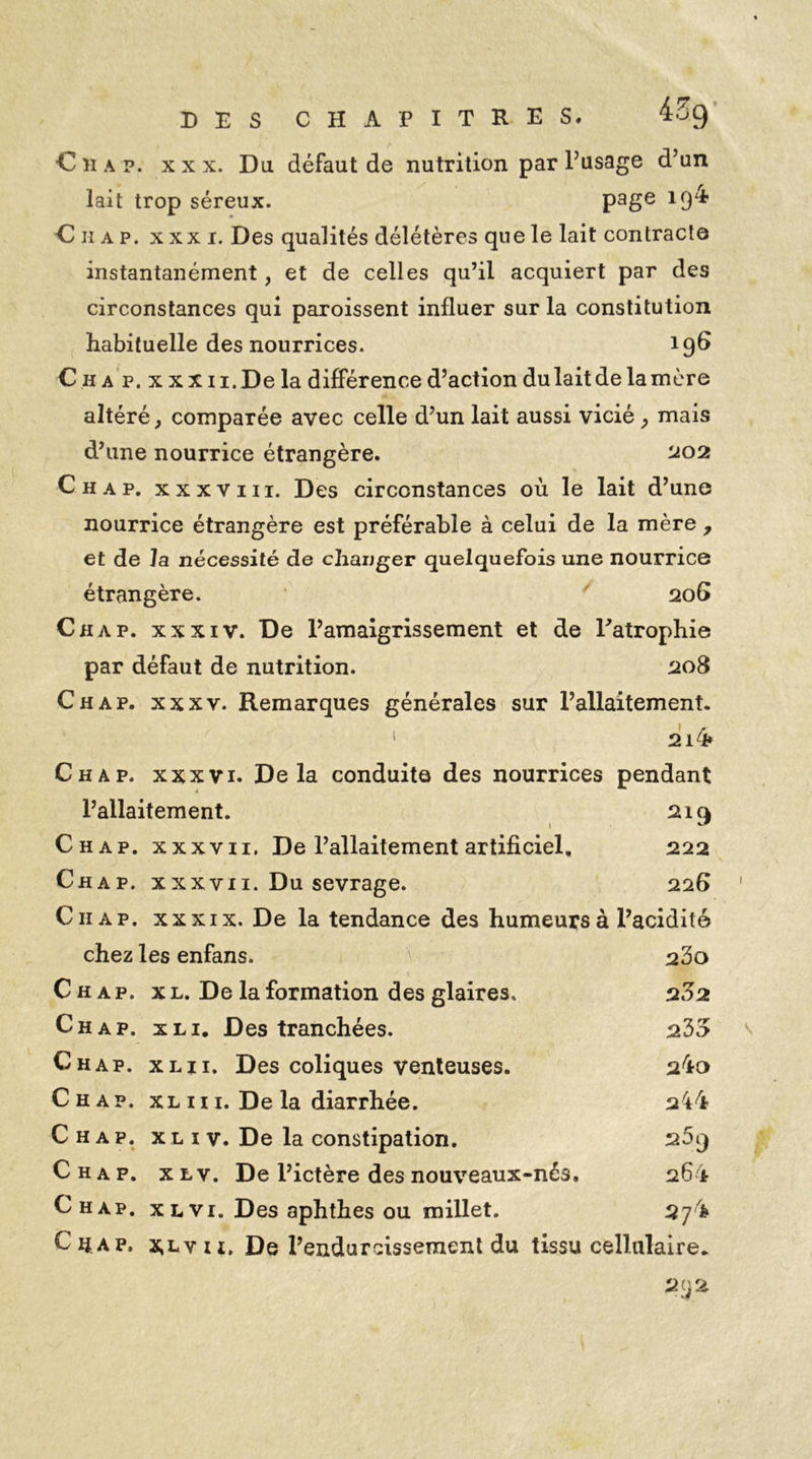 DES CHAPITRES. 43g Cîiap. xxx. Du défaut de nutrition par l’usage d’un lait trop séreux. page 19^‘ Chap. xxxi. Des qualités délétères que le lait contracte instantanément, et de celles qu’il acquiert par des circonstances qui paroissent influer sur la constitution habituelle des nourrices. 196 Chaf. xxxii. De la différence d’action du lait de la mère altéré, comparée avec celle d’un lait aussi vicié, mais d’une nourrice étrangère. 202 Chap. xxxviii. Des circonstances où le lait d’une nourrice étrangère est préférable à celui de la mère , et de la nécessité de changer quelquefois une nourrice étrangère. 20 G Chap. xxxiv. De l’amaigrissement et de Patrophie par défaut de nutrition. 208 Chap. xxxv. Remarques générales sur l’allaitement. 1 2l4» Chap. xxxvi. Delà conduite des nourrices pendant l’allaitement. 219 Chap. xxxvi i, De l’allaitement artificiel. 222 Chap. xxxvi 1. Du sevrage. 226 Chap. xxxix. De la tendance des humeurs à l’acidité chez les enfans. 23o Chap. xl. De la formation des glaires. 2.^2 Chap. ili, Des tranchées. 235 Chap. xlii. Des coliques venteuses. 2^0 Chap. xl 111. De la diarrhée. 2 44 Chap. xliv. De la constipation. 25q Chap. x t v. De l’ictère des nouveaux-nés. 264 Chap. xlvi. Des aphthes ou millet. 274 C ij. a p. 2,ly 11. De l’endurcissement du tissu cellulaire. 292.