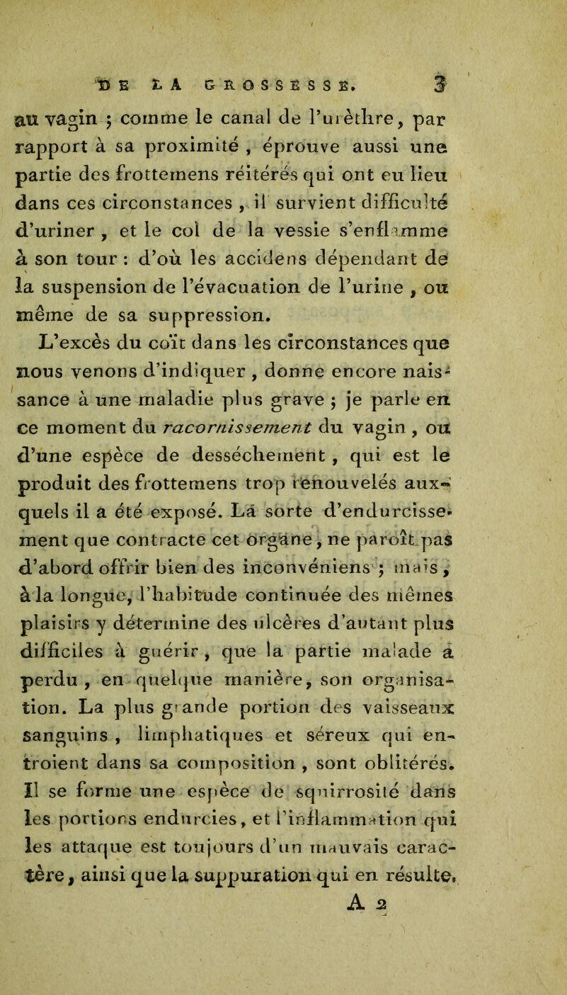au vagin $ comme le canal de l’urèthre, par rapport à sa proximité , éprouve aussi une partie des frotternens réitérés qui ont eu lieu dans ces circonstances , il survient difficulté d’uriner , et le coi de la vessie s’enflamme a son tour : d’ou les accidens dépendant de la suspension de l’évacuation de l’urine , ou même de sa suppression. L’excès du coït dans les circonstances que nous venons d’indiquer , donne encore nais- sance à une maladie plus grave ; je parle en ce moment du racornissement du vagin , ou d’une espèce de dessèchement , qui est le produit des frotternens trop Renouvelés aux- quels il a été exposé. La sorte d’endurcisse» ment que contracte cet organe, ne parort pas d’abord offrir bien des inconvéniens ; mais , à la longue, l’habitude continuée des mêmes plaisirs y détermine des ulcères d’autant plus difficiles à guérir , que la partie malade a perdu, en quelque manière, son organisa- tion. La plus grande portion des vaisseaux sanguins , limphatiques et séreux qui en- troient dans sa composition , sont oblitérés. Il se forme une espèce de sqmrrosilé dans les portions endurcies, et l’inflammation qui les attaque est toujours d’un mauvais carac- tère, ainsi que la suppuration qui en résulte. A 2