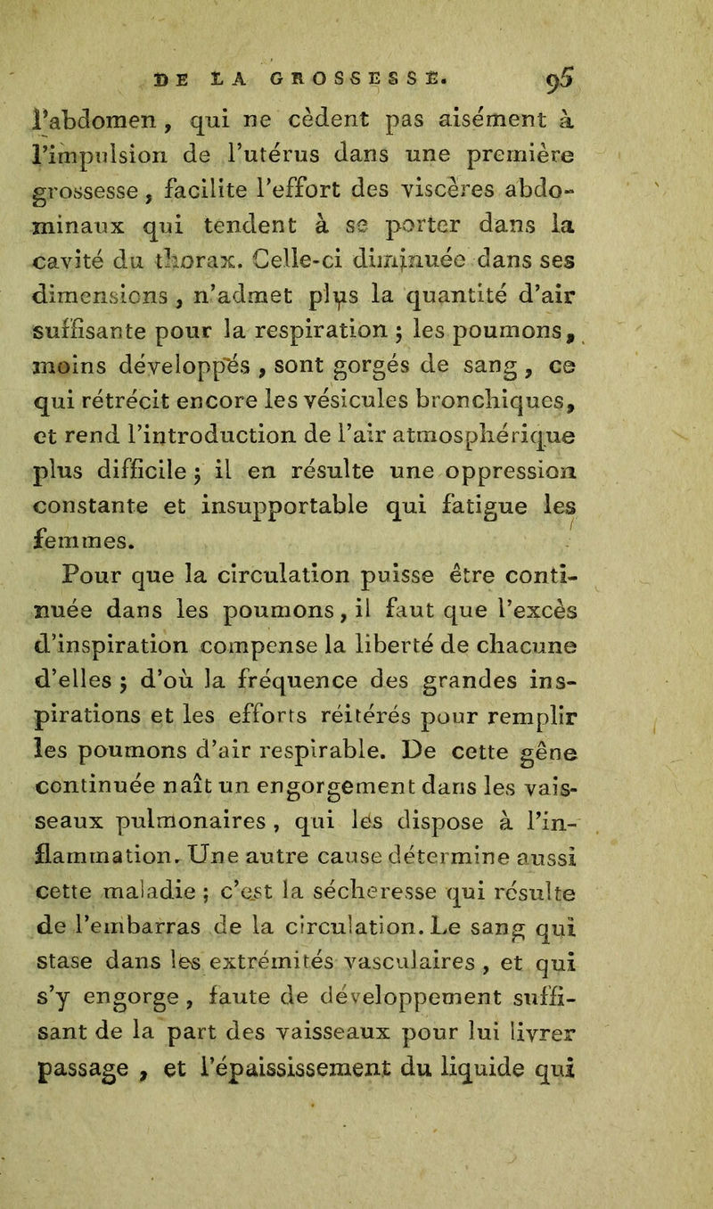 BE U GROSSESSÊ. l’abdomen , qui ne cèdent pas aisément à l’impulsion de l’utérus dans une première grossesse, facilite l’effort des viscères abdo- minaux qui tendent à se porter dans la cavité du thorax. Celle-ci diminuée dans ses dimensions, n’admet plps la quantité d’air suffisante pour la respiration ; les poumons, moins développés , sont gorgés de sang , ce qui rétrécit encore les vésicules bronchiques, et rend l’introduction de l’air atmosphérique plus difficile \ il en résulte une oppression constante et insupportable qui fatigue les femmes. Pour que la circulation puisse être conti- nuée dans les poumons, il faut que l’excès d’inspiration compense la liberté de chacune d’elles $ d’où la fréquence des grandes ins- pirations et les efforts réitérés pour remplir les poumons d’air respirable. De cette gêne continuée naît un engorgement dans les vais- seaux pulmonaires , qui lés dispose à l’in- flammation. Une autre cause détermine aussi cette maladie ; c’est la sécheresse qui résulte de l’embarras de la circulation. Le sang qui stase dans les extrémités vasculaires , et qui s’y engorge , faute de développement suffi- sant de la part des vaisseaux pour lui livrer passage , et l’épaississement du liquide qui