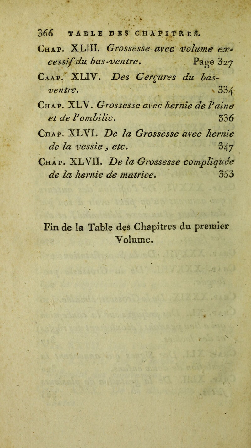 Chap. XLIII. Grossesse avec volume ex- cessif du bas-ventre. Page 327 Caap. XLIV. Des Gerçures du bas- ventre. v 334 Ch ap. XL Y. Grossesse avec hernie de Vaine et de Vombilic. 336 Ch ap. XLYI. De la Grossesse avec hernie de la vessie , etc. 347 Ch ap. XLVII. De la Grossesse compliquée de la hernie de matrice. 353 Fin de la Table des Chapitres du premier Volume.