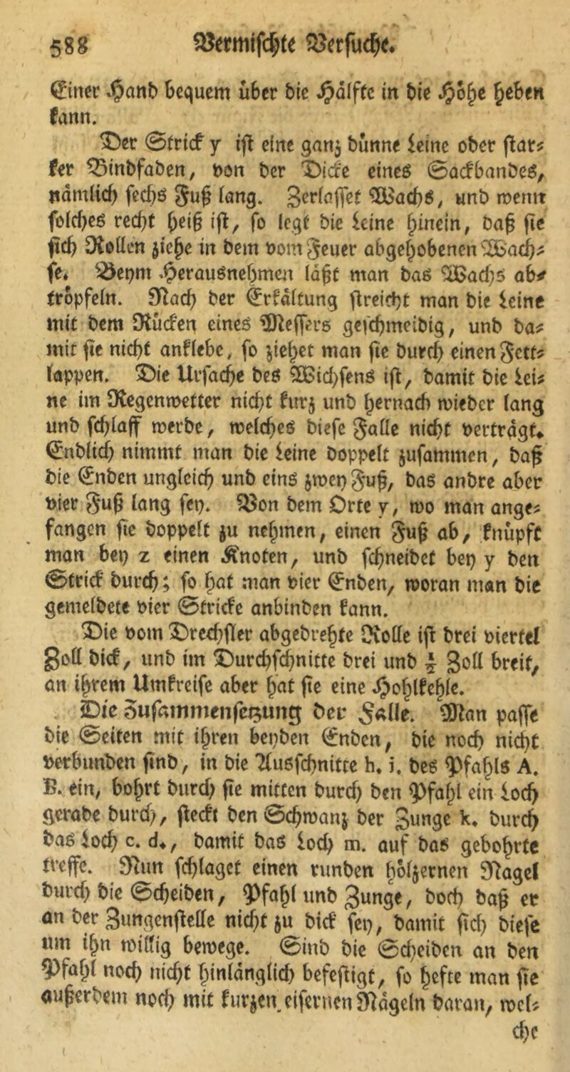 ©nee Jpanb Bequem über bie Raffte in t>ie Jpohe heben fann. 3>t ©trief y iß eine gan$ bunne leine ober flat? fer SBinbfaben, pon ber Dide eines ©aefbanbes, nämlich fed)S guß lang. gerlaffet 3Bach$, unb wemt fo(cf>cß red;t ßei§ iß/ fo legt &ic leine hinein, baß fte ßch Dtollen jiefje in bem Pomgeuer abgehobenenS&'adj* je* ^Öepnt .#erauSnebmen läßt man baß 2Bad;s ab* tropfein. Sftad? ber (Erfältung flreicf)t man bie leine mit bem Dtucfen eines Keffers gefchmeibig, unb ba* mit ße nicht anflebe, fo jiehet man fte burd; einen gett* lappen. 5)ie Urfache beß 5H>id;fens ifl, bamit bie leü ne im Dtegenwetter nicht fur$ unb hernach wieber lang unb fdßaff werbe, welches biefc gaüe nicht Pertragt«. ^nbltcf; nimmt man bie leine Doppelt jufammen, baß bie <£nben ungleich unb eins jwenguß, baß anbre aber t>ier guß lang fei). £$on bem Orte y, wo man ange* fangen fte Doppelt ju nehmen, einen guß ab, fnupfc man bei) z einen knoten, unb fchneibet bep y ben ©trief Durch; fo hat man Pier ©tben, woran man bie gemelbete Pier ©triefe anbinben fann. X)ie Pom £)tecf;ßer abgebrehte SKolle iß Drei Pierfel gell bief, unb im ^urchfehnitte Drei unb | goll breit, an ihrem Umfretfe aber hat ße eine £ohlfef)le. £>ie öufammenfe%tmg Öev S*He. Üftan paffe Die ©eiten mit ihren bei)ben ©tben, Die noch nicht Perbunben ftnb , in bie Tlusfcßnitte h. i. Des Pfahls A. B. ein, bohrt Durd) ße mitten burd) Den 9>fa^t ein iod) gerabe burd;, ßeeft ben ©chwanj ber gunge k. Durch Das loch c. d*, bamit baß loch m. auf bas gebohrte treffe. 9tü« fchlagct einen runben hölzernen SRagel Durch bie ©cheiben, unb gunge, bod) baß ec an ber gungenßelle nid)t$u bief fei;, bamit ßd; btefe um ihn willig bewege, ©inb bie ©d;eibeit an ben §>faf)l noch »icht hinlänglich befeßigt, fo hefte man ße außerbem nod; mit furzen eifernen hageln Daran, mU ehe