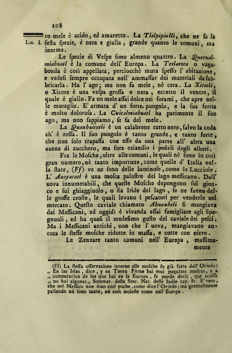 io8 ro mele è acido, ed amaretto. La 'rialf>tptoll$y che ne fa la I. fcfta fpezie, è nera e gialla , grande quanto le comuni, ma inerme. Le fpezie di Vefpe fono almeno quattro. La ^ucrzal- m'tahuatl è la comune dell’ Europa. La Teflatoca o vaga- bonda è cosi appellata, perciocché muta fpeflb 1’ abitazione, e vedelì fempre occupata nell’ amraalfar dei materiali da fab- bricarla. Ha l’ago; ma non fa mele, nè cera. La Xkotliy o Xicote è una vefpa grofla e nera , eccetto il ventre, il quale è giallo. Fa un mele affai dolce nei forami, che apre nel- le muraglie. E’armata d’ un forte* pungolo, e la fua ferita è molto dolórofa. La Cute almi ahuatl ha parimente il fuo ago, ma non fappiamo, fe fa del mele. La ^auhxkotli è un calabrone tutto nero,falvo la coda eh’ è roffa. Il fuo pungolo è tanto grande, e tanto forte, che non folo trapaffa eoa effo da una parte all’ altra una canna di zucchero, ma fora eziandio i pedali degli alberi. Fra le Mofche, oltre alle comuni, le quali nè fono in cosi gran numero,nè tanto importune,come quelle d’ Italia nel- la fiate, (F/) ve ne fono delle luminofe,come le Lucciole. L’ Axaj^acatl è una mofea paluftre del lago mefficano. Dall’ uova innumerabili, che quelle Mofche depongono fui gìon- co e fui ghiaggiuolo, o Ila Iride del lago , fe ne fanno del- le groffe erode, le quali levano i pefeatori per venderle nel mercato. Quello caviale chiamato Ahuauhtli fi mangiava dai Mefficani, ed oggidì è vivanda affai famigliare agli Spa- gnuoli, ed ha quali il medefìmo guflo del caviale dei pefei. Ma i Mefficani antichi, non che 1’ uova, mangiavano an- cora le fleffe mofche ridotte in malfa, e cotte con nitro. Le Zenzare tanto comuni nell’ Europa , maffima- mente it a 111 ma m 1 11 (Ff) La fteffa offervazione intorno alle mofche fu già fatta dall’Oviedo: j, En las Islas , dice , y en Tierra Firme hai mui poquitas mofeas, y a ,, comparacion de las que hai en la Europa , fe puede decir , que acullà „ no hai algunas,, Sommar, della Stor. Nat. delle Indie cap. 8x. E’vero, che nel Meffico non fono così poche,come diceTOviedo;ma generalmente parlando nò fono tante, nè così tnoleAe come nell’ Europa •