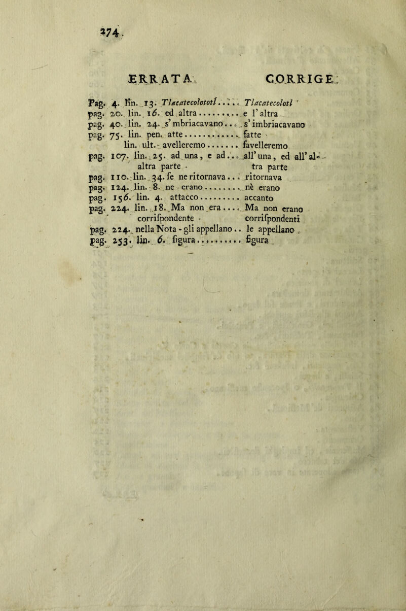 *74- E R R A T A. CORRI G E Pag. 4- l^n.^,13. Tìneatecoìotott. ^ Tlacatecolotl ' pag. ao. lin.. ; ed altra ..e l’altra pag. 40. lin. 24. ^s’mbrìacavano... s’imbriacavano pag. 75. lin. pen. atte fatte - lin. ult.t, avelleremo favelleremo pag. IC7. lin.,25. ad una, c ad*’., jall’una, ed all’al-- altra parte . tra parte pag. iio.^lin. 34. fe ne ritornava... ritornava pag. I24.„lin.-. S. ne erano nè erano pag. 15^. lin. 4. attacco accanto pag. 224. lin. ,18..Ma non era .... ..Ma non erano corrifpondente • corrifpondenti pag. 224., nella Nota - gli appellano.. le appellano .. pg. 253. figura.., figura.