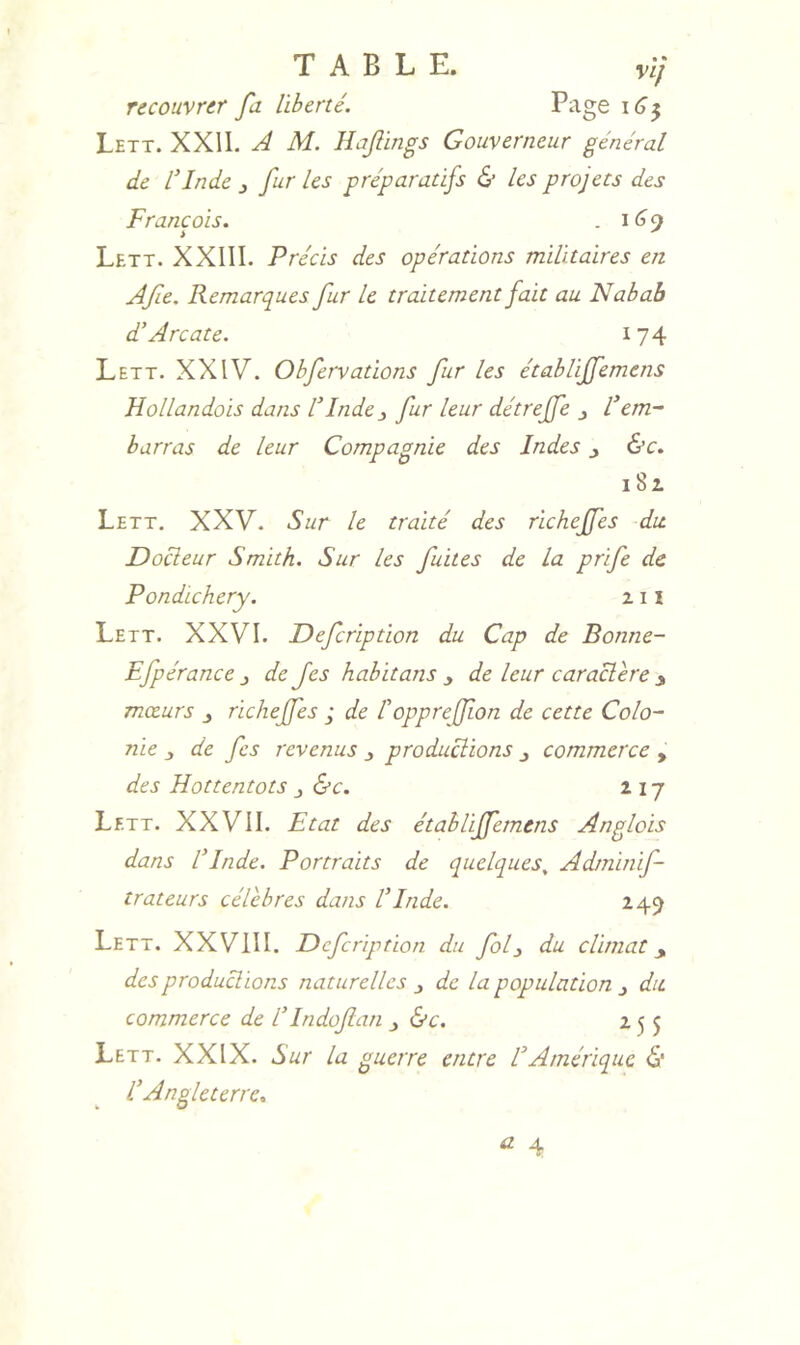 TABLE. \ij recouvrer fa liberté. Lett. XXII. A M. Hafings Gouverneur général de l'Inde j fur les préparatifs & les projets des François. . 1^9 Lett. XXIII. Précis des opérations militaires en Afie. Remarques fur le traitement fait au Nabab d’Arc at e. 174 Lett. XXIV. Obfervations fur les établiffemens Hollandais dans l'Inde^ fur leur détrejfe l'em- barras de leur Compagnie des Indes j &c. 181 Lett. XXV. Sur le traité des richeffes du. Docteur Smith. Sur les fuites de la prife de Pondichéry. 111 Lett. XXVI. Defeription du Cap de Bonne- Efpérance j de fes habitans y de leur caractère y mœurs y richejfes ; de Ioppreffion de cette Colo- nie y de fes revenus y productions commerce , des Hottentots y &c. 217 Lett. XXVII. Etat des établiffemens Anglais dans l'Inde. Portraits de quelques^ Adminif- trateurs célèbres dans l'Inde. 249 Lett. XXVIII. Defeription du fol y du climat y des productions naturelles y de la population y du commerce de l'Indofan y &c. 255 Lett. XXIX. A ur la guerre entre l'Amérique <S' l'Angleterre^