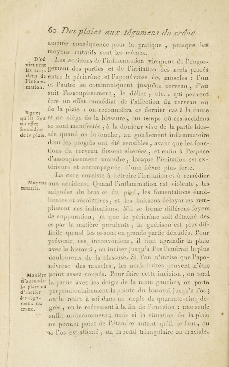 D’où viennent les acci- dens de l’iniiam- mation. Signes qu'i'.'s font un efret immédiat dt la plaie. Mnvcns ttmtifs. Manière d'agrandir ]a plaie ou d’iaciier ie s tégu- me ns Ci u craae. 6 o Des plaies aux té 11 unie ns du crdné z LJ aucune conséquence pour la pratique , puisque leÿ moyens curatifs sont les mêmes. l es accidens de l’inf Lamina don viennent de l’engor- gement des parties et de l'irritation des nerfs placés entre le péricrâne et l’aponévrose des muscles : l’un et l’autre se communiquent jusqu’au cerveau , d’où suit l’assoupissement , le délire , etc. , qui peuvent être un effet immédiat de i’affection du cerveau ou (le la plaie : on reconnoîtra ce dernier cas à la cause et au siège de la blessure , au temps où ces accidens se sont manifestés , à la douleur vive de la partie bles- sée quand on la touclie , au gonflement inflammatoire dont les progrès ont été sensibles, avant que les fonc- tions du cerveau lussent altérées , et enfin à l’espèce ci assoupissement moindre, lorsque l’irritation est ex- térieure- et accompagnée d’une fièvre plus forte. La cure consiste à détruire l’irritation et à remédier aux ü( i f us. Quand l’inilainmation est violente , les sa; *s du bras cl du pied, les fomentations émol- ii ui< > i » ré ’.olutives, cl les boissons délayantes rem- plissent ces indications. S’.! se forme differens foyers de suppuration, et une le péricrâne soit détaché des os par la matière purulente, la guérison est plus dif- ficile quand les os sont en grande partie dénudés. Pour prévenir, ces incoiivéniens , il faut agrandir la plaie avec le bistouri , ou inciser jusqp’à l’os l’endroit le plus douloureux de la biessuse. Si l’on n’incise que l’apo- névrose des muscles , les nerfs irrités peuvent îi’èlre point assez coupés. Pour faire cette incision , on tend la partie avec les doigts de la maiu gauche*, on porte perpendiculairement la pointe du bistouri jusqu’à i’os ; on le relire à soi dans un angle de quarante-cinq de- grés , en ie redressant à la fin de l’incision : une seule O ' suffit ordinairement ; mais si la situation de la plaie 11e permet point de l’étendre autant qifil le faut, ou •si l’os est affecté ? 011 la reild triangulaire ou cruciale.