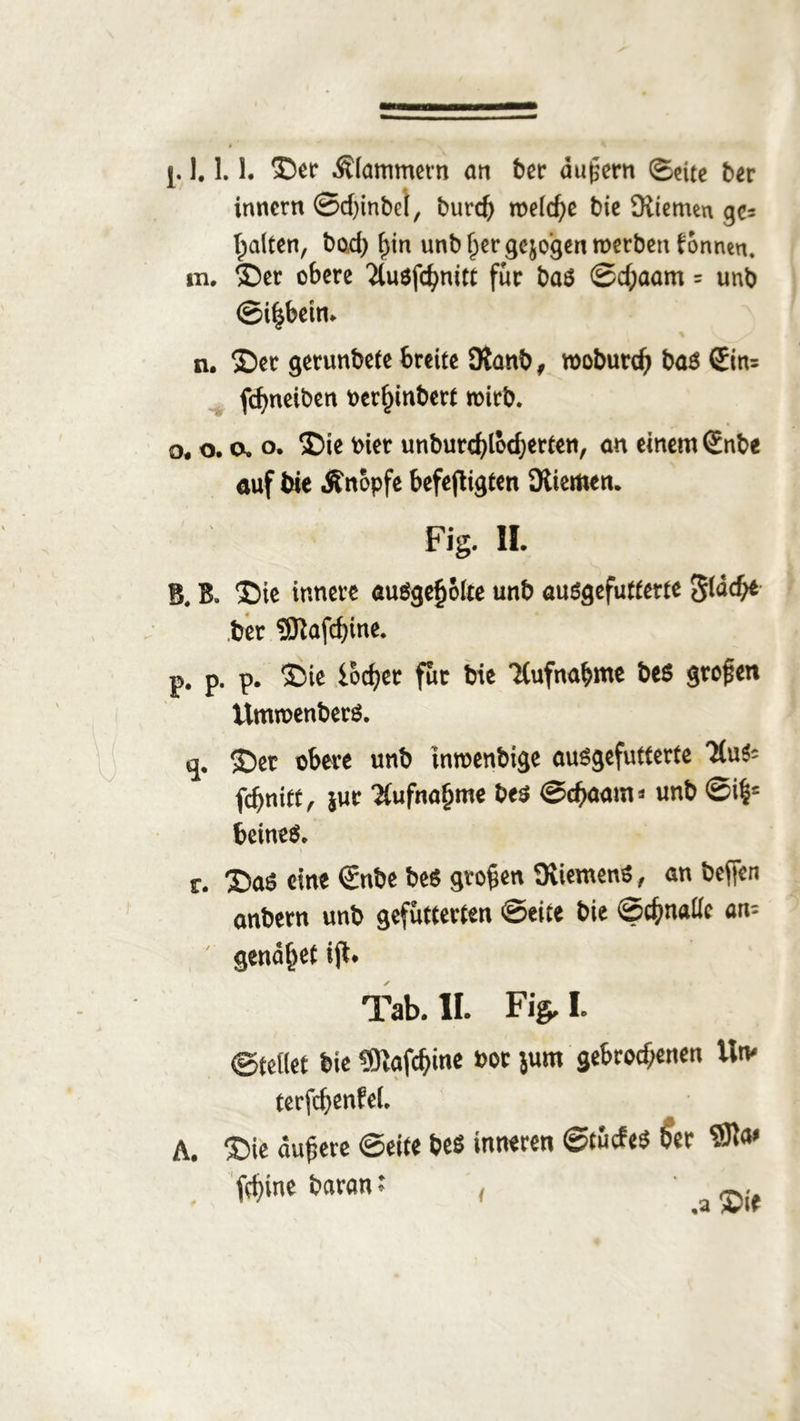 j. 1.1.1. ©er Kammern an ber du|jern ©eite ber innern ©dunbcl, burtf» rodele bic Kiemen gc= galten, bod) f)in unb (fergcjo'gentoerben tonnen. m. ©er obere 2lusfcfymtt für bas ©d;aam = unb ©iijbein. n. ©er gerunbete breite Dtanb, rooburd) bas ©m fdtneiben »er^inberf wirb. o. o. o. o. ©ie hier unburd)led)erten, an einem €nbe auf bie Änopfe befefligten Kiemen. Fig. 1!. B. B. ©ie innere auSaefiöIte unb ausgefutferte filid# ber 55iafcf)ine. p. p. p. ©ie loctjer für bie Kufnabme bes großen UmroenberS. (j. ©er obere unb intoenbige ausgefutferte v(u?= fdjnift, jur Aufnahme bes ©d>aam * unb ©i|= beineS. r. Das eine <£nbe beS großen KiemenS, an beffen anbern unb gefütterten ©eite bie ©cfmaiic an- ' genäset ijt. Tab. II. Fig. I. ©teilet bie ®iafcbine »or jum gebrochenen Um terfebenfei. A. ©ie duftere ©eite bes inneren ©tüdes ber . fd)ine baron' , ‘