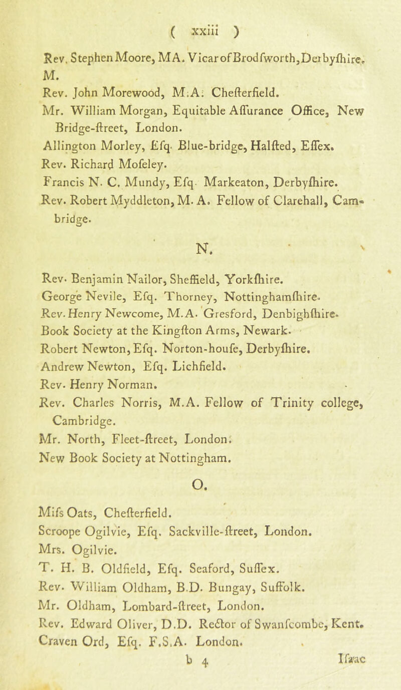 Rev. StephenMoore, MA. VicarofBrodfworthjDeibyflilre, M. Rev. John Morewood, M.A; Chefterfield. Mr. William Morgan, Equitable Aflurance Office, New Bridge-ftreet, London. Allington Morley, Efq. Blue-bridge, Halfted, Eflex. Rev. Richard Mofeley. Francis N. C, Mundy, Efq- Markeaton, Derbyflilre. Rev. Robert Myddleton, M. A. Fellow of Clarehall, Cam- bridge. N. Rev. Benjamin Nailor, Sheffield, Yorkfliire. George Nevile, Efq. Thorney, Nottinghamfhire. Rev. Henry Newcome, M.A. Gresford, Denbighfiaire- Book Society at the Kingfton Arms, Newark. Robert Newton, Efq. Norton-houfe, Derbyfhire. Andrew Newton, Efq. Lichfield. Rev. Henry Norman. Rev. Charles Norris, M.A. Fellow of Trinity college, Cambridge. Mr. North, Fleet-ftreet, London! New Book Society at Nottingham. O. MifsOats, Chefterfield. Scroope Ogilvie, Efq. Sackville-ftreet, London. Mrs. Ogilvie. T. H. B. Oldfield, Efq. Seaford, Suflex. Rev. William Oldham, B.D. Bungay, Suffolk. Mr. Oldham, Lombard-ftreet, London. Rev. Edward Oliver, D.D. Re£lor of Swanfeombe, Kent. Craven Ord, Efq. F.S.A. London. b 4 Ifa'ac