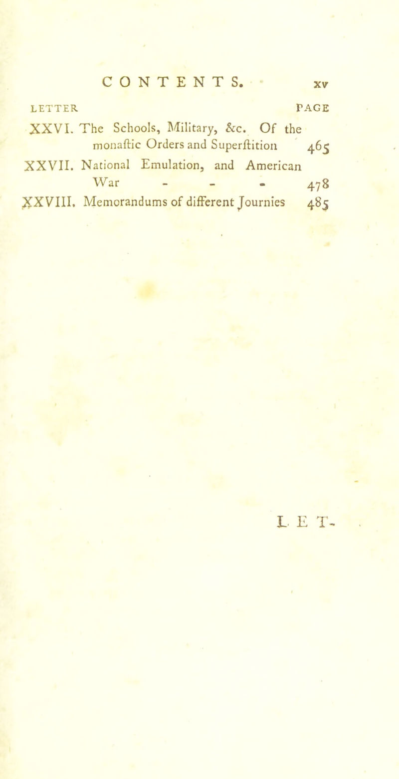 LETTER PAGE XXVI. The Schools, Military, kc. Of the monaftic Orders and Superflitioa 465 XXVII. National Emulation, and American War 478 XXVIII, Memorandums of different Journies 485 L. E T-