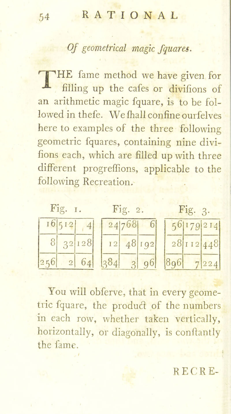 Of geometrical magic fquares. nPHE fame method we have given for filling up the cafes or divifions of an arithmetic magic fquare, is to be fol- lowed in thefe. We fhall coniine ourfelves here to examples of the three following geometric fquares, containing nine divi- fions each, which are filled up with three different progreffions, applicable to the following Recreation. Fig. i. Fig. 2. Fig. 3. You will obferve, that in every geome- tric fquare, the producf of the numbers in each row, whether taken vertically, horizontally, or diagonally, is conftantly the fame. R E C R E-