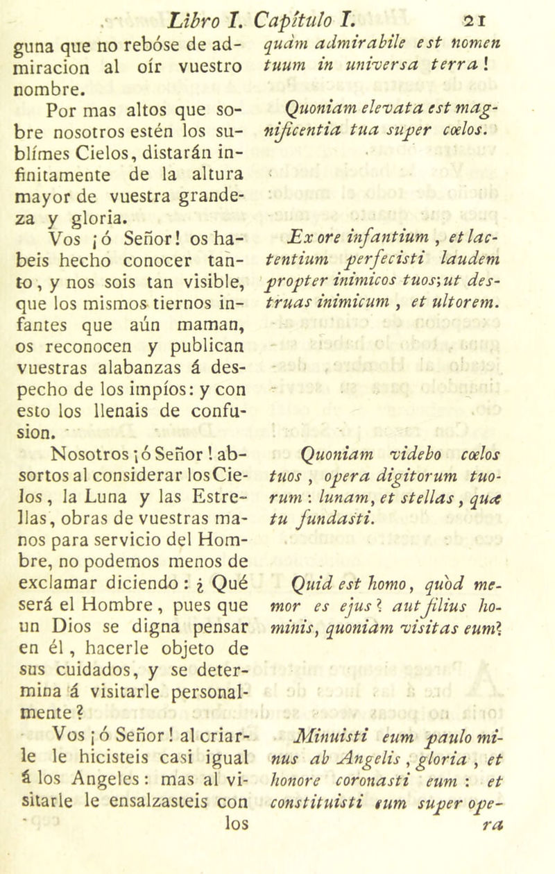 guna que no rebose de ad- miración al oír vuestro nombre. Por mas altos que so- bre nosotros estén los su- blimes Cielos, distarán in- finitamente de la altura mayor de vuestra grande- za y gloria. Vos ¡ó Señor! os ha- béis hecho conocer tan- to , y nos sois tan visible, que los mismos tiernos in- fantes que aún maman, os reconocen y publican vuestras alabanzas á des- pecho de los impíos: y con esto los llenáis de confu- sión. ' Nosotros i ó Señor 1 ab- sortos al considerar losCie- los, la Luna y las Estre- llas, obras de vuestras ma- nos para servicio del Hom- bre, no podemos menos de exclamar diciendo: ¿ Qué será el Hombre , pues que un Dios se digna pensar en él, hacerle objeto de sus cuidados, y se deter- mina á visitarle personal- mente ? Vos ¡ ó Señor! al criar- le le hicisteis casi igual á los Angeles : mas al vi- sitarle le ensalzasteis con los qudm admirahilé est nomen tuum in universa térra! Quoniam elevata est mag- nijicentia tua super coelos. Ex ore infantium , etlac- tentium perfecisti laudem propter inimicos tuos; ut des- truas inimicum , et ultorem. Quoniam videbo coelos tuos , opera digitorum tuo- rum : lunam, et stellas, qua tu jundasti. Quid est homo, quod me- mor es ejus ? autjilius ho- minis, quoniam visitas eum\ Minuisti eum paulo mi- nus ah Angelis , gloria , et honore coronasti eum : et constituisti eum super ope- ra