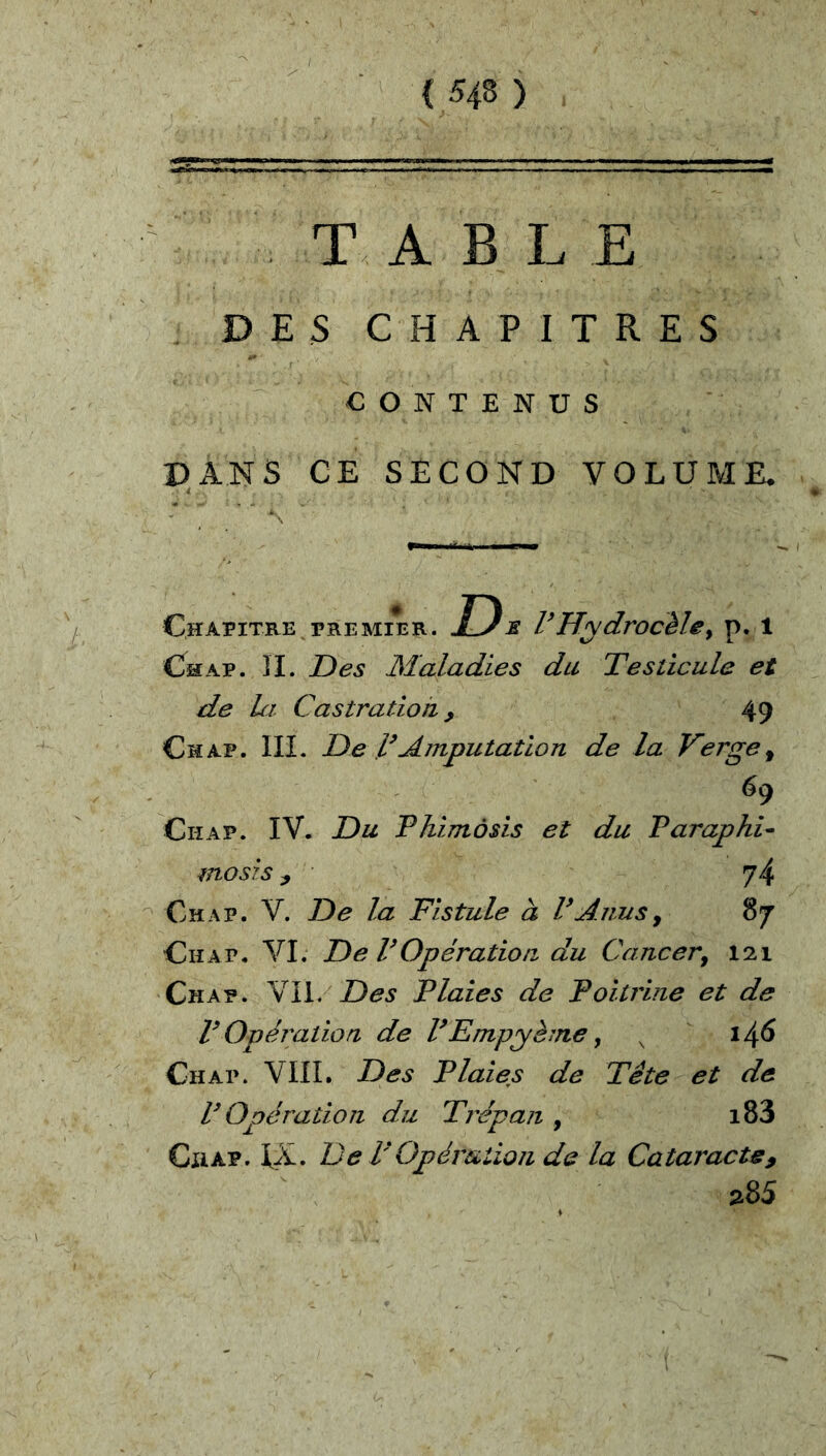 TABLE DE3 CHAPITRES CONTENUS DANS CE SECOND VOLUME. Chapitre ^ pre mier . L). rHydrocèley p. 1 Ch AP. IL Des Maladies du Testicule et de la Castration, 49 Cm AP. III. De T Amputation de la Verge ^ ^9 Ch AP. IV. Du Phimosis et du Parapha mosis J 74 Ch AP. V. De la Fistule à V Anus ^ 87 Ch AP. YI. De V Opération du Cancer^ 121 Chap. Des Plaies de Poitrine et de V Opération de VEmpjsme y ^ il^6 Ch AP. VIII. Des Plaies de Tête et de V Opération du Trépan , i83 Chap. IX. De T Opération de la Cataracte, 285