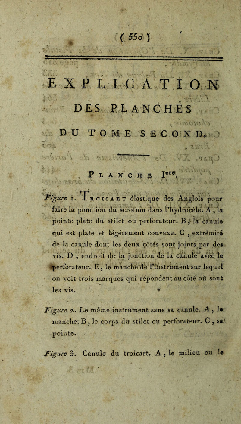 E X P LIG AT I O N DES RT A NC H ES DU TOME S E G O N D. Planche Figure I. T?R O I c A E. T élastique des Angîois pour faire la ponction du scrotum dans l’hydrocèle. A , la pointe plate du stilet ou perforateur. B là canule qui est plate et légérenient convexe. C , extrémité de la canule dont les deux côtés sont joints par des vis. D , endroit de la jonction de la canule avec le «perforateur. E, le mànche‘dé l’instrument sur lequel on voit trois marques qui répondent au côté où sont les vis. ’i' Figure 2. Le même instrument sans sa canule. A , !• manche. B, le corps du stilet ou perforateur. C , sa' pointe. Figure 3. Canule du troicart. A , le milieu ou le