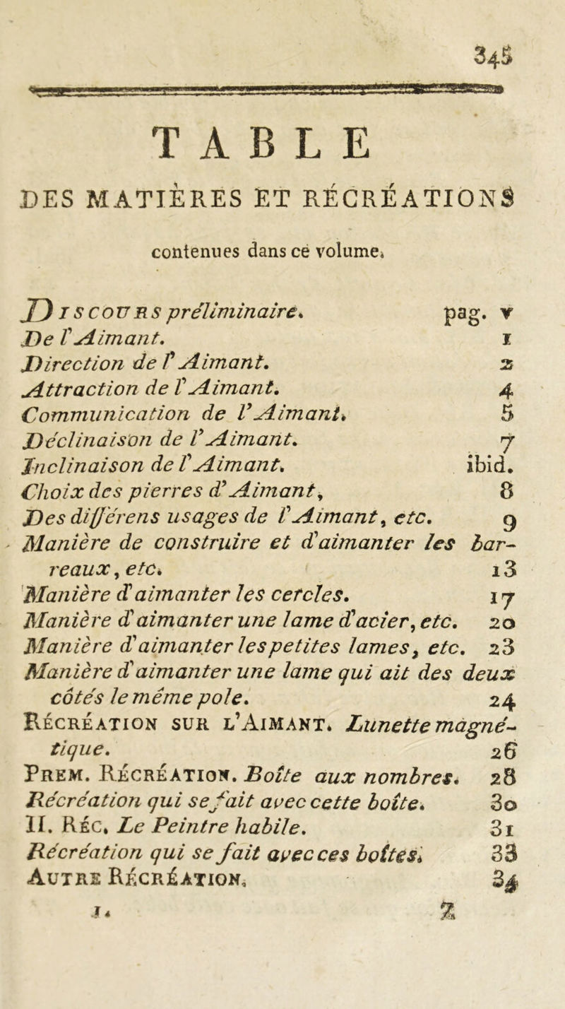 34$ TABLE DES MATIÈRES ET RÉCRÉATIONS contenues dans ce volume* Dr s cou rs préliminaire % pag. r JDe T Aimant. i Direction de f Aimant. 2 Attraction de f Aimant. 4 Communication de VAimant, 5 Déclinaison de V Aimant. j Inclinaison de VAimant, ibid. Choix des pierres d’Aimant, 8 Des difjérens usages de VAimant, etc. g Manière de construire et dè aimanter les bar- reaux, etc, i3 Manière d1 aimanter les cercles. 1 j Manière d'aimanter une lame d'acier, etc. 20 Manière dl aimanter le spetites lames 3 etc. 28 Manière d'aimanter une lame qui ait des deux côtés le même pôle. 24 Récréation sur l’Aimant* Lunette magnée tique. 26 Prem. Récréation. Boite aux nombres. 28 Récréation qui se fait arec cette boîte* 3o II. Réc* Le Peintre habile. 3i Récréation qui se fait avec ces boites* 33 Autre Récréation, 34
