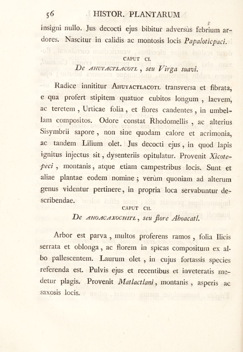 insigni nullo. Jus decocti ejus bibitur adversus febrium ar- dores. Nascitur in calidis ac montosis locis Papaloticpad. CAPUT ci. De AHvrACTL^coTL , seu Virga suavi. Radice innititur Ahuyactlacotl transversa et fibrata, e qua profert stipitem quatuor cubitos longum , laevem, ac teretem , Urticae folia, et flores candentes, in umbel- lam compositos. Odore constat Rhodomellis , ac alterius Sisymbrii sapore , non sine quodam calore et acrimonia» ac tandem Lilium olet. Jus decocti ejus, in quod lapis ignitus injectus sit, dysenteriis opitulatur. Provenit Xicote- peci , montanis, atque etiam campestribus locis. Sunt et aliae plantae eodem nomine ^ verum quoniam ad alterum genus videntur pertinere, in propria loca servabuntur de- scribendae. CAPUT CII. De AHOACAxocHiTL, seu Jlore Ahoacatl. Arbor est parva , multos proferens ramos, folia Ilicis serrata et oblonga, ac florem in spicas compositum ex al- bo pallescentem. Laurum olet , in cujus fortassis species referenda est. Pulvis ejus et recentibus et inveteratis me- detur plagis. Provenit Matlactlani, montanis , asperis ac saxosis locis.