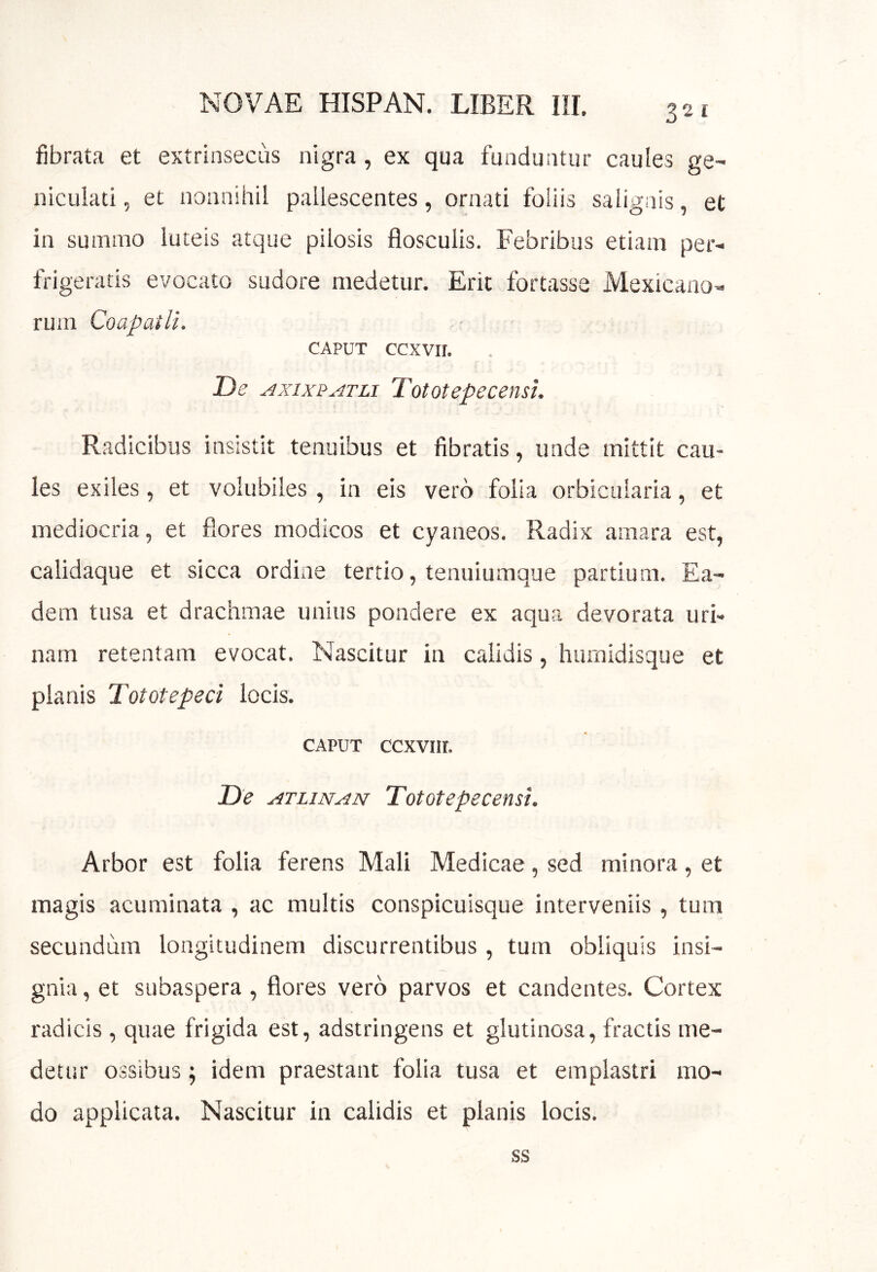 fibrata et extrinsecus nigra, ex qua funduntur caules ge- niculati, et nonnihil pallescentes, ornati foliis salignis, et in summo luteis atque pilosis flosculis. Febribus etiam per- frigeratis evocato sudore medetur. Erit fortasse Mexicano- ruin Coapaili. CAPUT ccxvir. De AxixpATLi Tototepecensi. Radicibus insistit tenuibus et fibratis, unde mittit cau- les exiles, et volubiles, in eis vero folia orbicularia, et mediocria, et flores modicos et cyaneos. Radix amara est, calidaque et sicca ordine tertio, tenuiumque partium. Ea- dem tusa et drachmae unius pondere ex aqua devorata uri- nam retentam evocat. Nascitur in calidis, hurnidisque et planis Tototepeci locis. CAPUT ccxvnr. De ATLiNAN Tototepecensi. Arbor est folia ferens Mali Medicae, sed minora, et magis acuminata , ac multis conspicuisque interveniis , tum secundum longitudinem discurrentibus , tum obliquis insi- gnia , et subaspera, flores vero parvos et candentes. Cortex radicis , quae frigida est, adstringens et glutinosa, fractis me- detur ossibus; idem praestant folia tusa et emplastri mo- do applicata. Nascitur in calidis et planis locis. ss