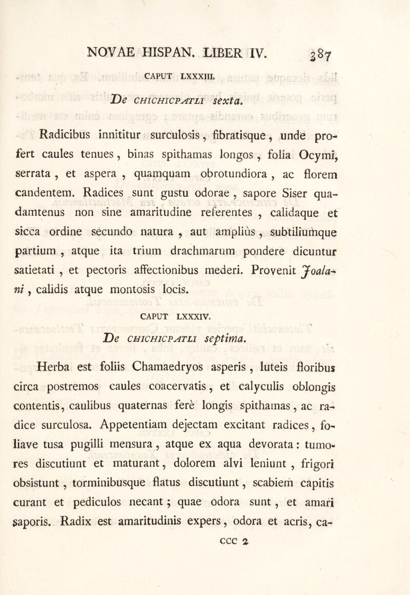 ' CAPUT LXXXIII. \ De cmcmcp^Tzi sexta. Radicibus innititur surculosis, fibratisque, unde pro- fert caules tenues, binas spithamas longos, folia Ocymi, serrata , et aspera , quamquam obrotundiora , ac florem candentem. Radices sunt gustu odorae, sapore Siser qua- damtenus non sine amaritudine referentes , calidaque et sicca ordine secundo natura, aut amplius, subtiliurnque partium , atque ita trium drachmarum pondere dicuntur satietati , et pectoris affectionibus mederi. Provenit yoala- ni, calidis atque montosis locis. CAPUT LXXXIV. De cmcHicPATLi septima. A- Herba est foliis Chamaedryos asperis, luteis floribus circa postremos caules coacervatis, et calyculis oblongis contentis, caulibus quaternas fere longis spithamas, ac ra- dice surculosa. Appetentiam dejectam excitant radices, fo- liave tusa pugilli mensura, atque ex aqua devorata: tumo» res discutiunt et maturant, dolorem alvi leniunt , frigori obsistunt, torminibusque flatus discutiunt, scabiem capitis curant et pediculos necant; quae odora sunt, et amari saporis.- Radix est amaritudinis expers, odora et acris, ca- CCC 2