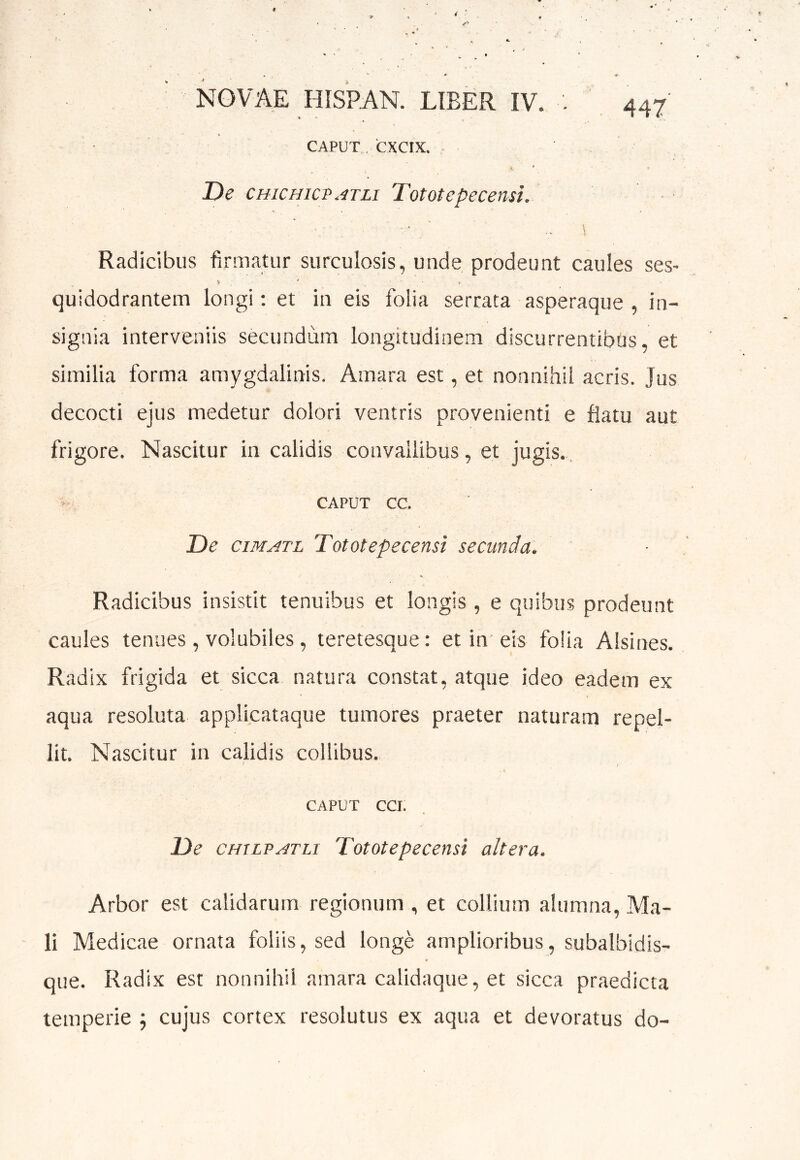 CAPUT CXCIX. ^ < * De CHicmcpATLi Tototepecensi. \ Radicibus firmatur surculosis, unde prodeunt caules ses- quidodrantem longi; et in eis folia serrata asperaque , in- signia interveniis secundum longitudinem discurrentibus, et similia forma amygdalinis. Amara est, et nonnihil acris. Jus decocti ejus medetur dolori ventris provenienti e flatu aut frigore. Nascitur in calidis convallibus, et jugis. CAPUT cc. De ciMATL Tototepecensi secunda. Radicibus insistit tenuibus et longis , e quibus prodeunt caules tenues, volubiles, teretesque: et in eis folia Alsines. Radix frigida et sicca natura constat, atque ideo eadem ex aqua resoluta applicataque tumores praeter naturam repel- lit. Nascitur in calidis collibus. ' ! CAPUT CCI. De CHiLPATLi Tototepecensi altera. Arbor est calidarum regionum , et collium alumna, Ma- li Medicae ornata foliis, sed longe amplioribus, subalbidis- que. Radix est nonnihil amara calidaque, et sicca praedicta temperie j cujus cortex resolutus ex aqua et devoratus do-