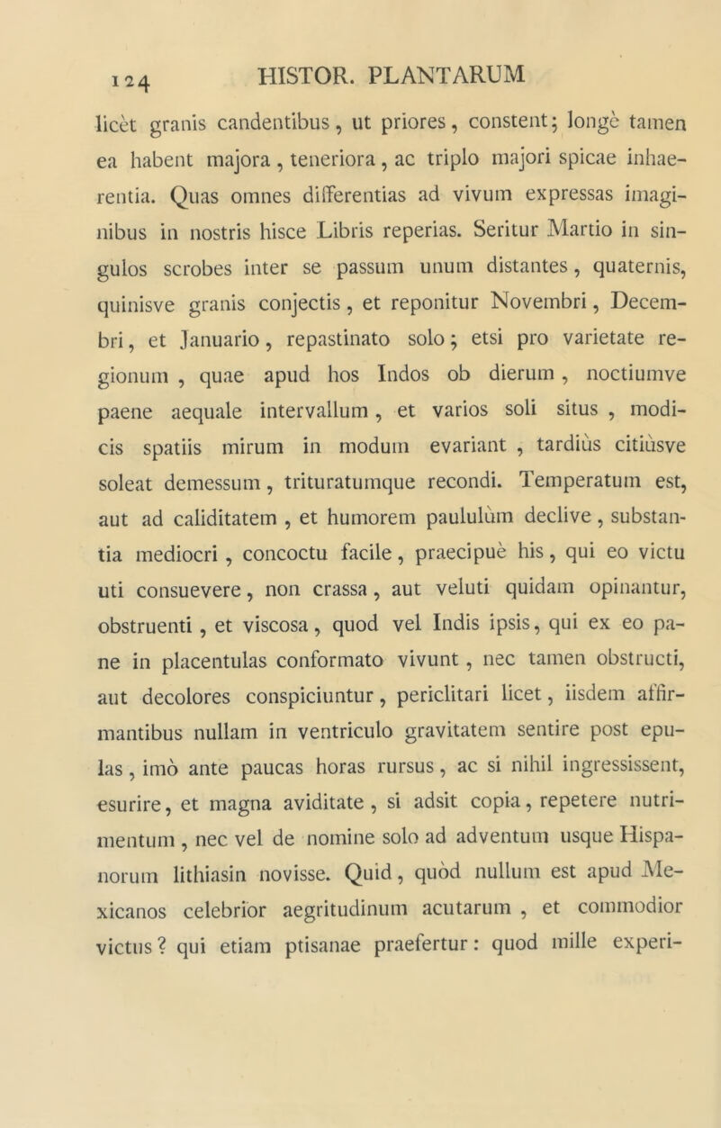 licet granis candentibus, ut priores, constent; longe tamen ea habent majora , teneriora, ac triplo majori spicae inhae- rentia. Quas omnes differentias ad vivum expressas imagi- nibus in nostris hisce Libris reperias. Seritur Martio in sin- gulos scrobes inter se passum unum distantes, quaternis, quinisve granis conjectis, et reponitur Novembri, Decem- bri , et Januario, repastinato solo; etsi pro varietate re- gionum , quae apud hos Indos ob dierum, noctiumve paene aequale intervallum, et varios soli situs , modi- cis spatiis mirum in modum evariant , tardius citiusve soleat demessum, trituratumque recondi. Temperatum est, aut ad caliditatem , et humorem paululum declive, substan- tia mediocri, concoctu facile, praecipue his, qui eo victu uti consuevere, non crassa, aut veluti quidam opinantur, obstruenti, et viscosa, quod vel Indis ipsis, qui ex eo pa- ne in placentulas conformato vivunt, nec tamen obstructi, aut decolores conspiciuntur, periclitari licet, iisdem affir- mantibus nullam in ventriculo gravitatem sentire post epu- las , imo ante paucas horas rursus, ac si nihil ingressissent, esurire, et magna aviditate , si adsit copia, repetere nutri- mentum , nec vel de nomine solo ad adventum usque Hispa- norum lithiasin novisse. Quid, quod nullum est apud Me- xicanos celebrior aegritudinum acutarum , et commodior victus? qui etiam ptisanae praefertur: quod mille experi-