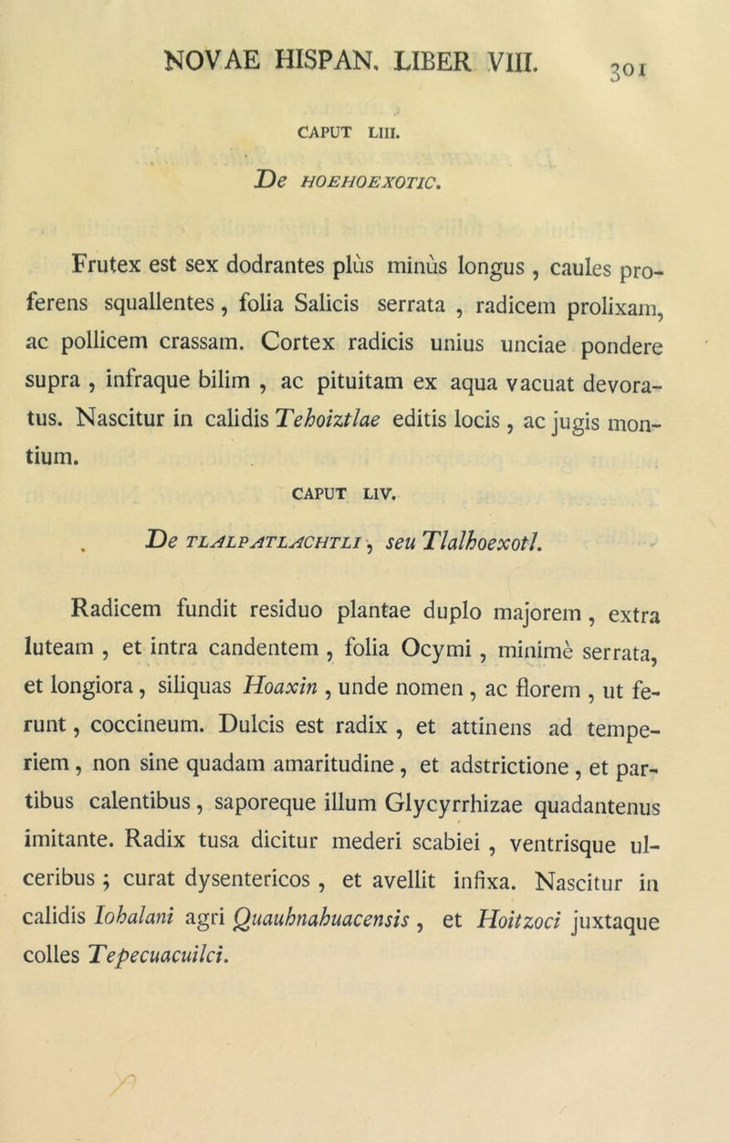 301 CAPUT Llll. De HOEHOEXOTIC, Frutex est sex dodrantes plus minus longus , caules pro- ferens squallentes, folia Salicis serrata , radicem prolixam, ac pollicem crassam. Cortex radicis unius unciae pondere supra , infraque bilim , ac pituitam ex aqua vacuat devora- tus. Nascitur in calidis Tehoiztlae editis locis , ac jugis mon- tium. CAPUT LIV. De TLALFATLACHTLi -^ seu TlalhoexotL Radicem fundit residuo plantae duplo majorem, extra luteam , et intra candentem , folia Ocymi , minime serrata, et longiora, siliquas Hoaxin , unde nomen , ac florem , ut fe- runt , coccineum. Dulcis est radix , et attinens ad tempe- riem , non sine quadam amaritudine, et adstrictione , et par- tibus calentibus , saporeque illum Glycyrrhizae quadantenus imitante. Radix tusa dicitur mederi scabiei , ventrisque ul- ceribus ; curat dysentericos , et avellit infixa. Nascitur in calidis lohalani agri Quauhnahuacensis , et Hoitzoci juxtaque colles Tepecuacuilci, o