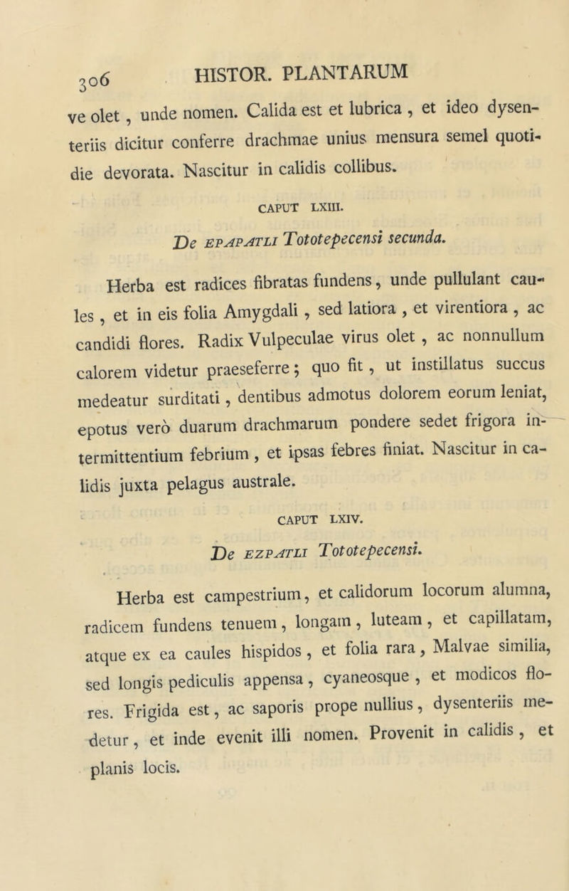 ve olet, unde nomen. Calida est et lubrica , et ideo dysen- teriis dicitur conferre drachmae unius mensura semel quoti*» die devorata. Nascitur in calidis collibus. CAPUT LXIII. De EVABATLi Tototepecensi secunda. Herba est radices fibratas fundens, unde pullulant cau- les , et in eis folia Amygdali, sed latiora , et virentiora , ac candidi flores. Radix Vulpeculae virus olet , ac nonnullum calorem videtur praeseferre; quo fit, ut instillatus succus medeatur surditati, dentibus admotus dolorem eorum leniat, epotus vero duarum drachmarum pondere sedet frigora in- termittentium febrium , et ipsas febres finiat. Nascitur in ca- lidis juxta pelagus australe. CAPUT LXIV. De EZPATLi Tototepecensi. Herba est campestrium, et calidorum locorum alumna, radicem fundens tenuem, longam, luteam, et capillatam, atque ex ea caules hispidos, et folia rara, Malvae similia, sed longis pediculis appensa, cyaneosque , et modicos flo- res. Frigida est, ac saporis prope nullius, dysenteriis me- detur , et inde evenit illi nomen. Provenit in calidis, et planis locis.