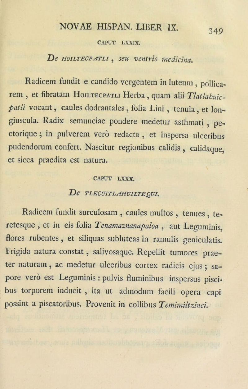 349 CAPUT LXXIX. De miLTECvATLi, seu ventris medicina. Radicem fundit e candido vergentem in luteum, pollica- rem , et fibratam Hoiltecpatli Herba, quam alii Tlatlahuic- patii vocant, caules dodrantales, folia Lini, tenuia, et lon- giuscula. Radix semunciae pondere medetur asthmati , pe- ctorique ; in pulverem vero redacta , et inspersa ulceribus pudendorum confert. Nascitur regionibus calidis , calidaque, et sicca praedita est natura. CAPUT LXXX. De TLECUITL^HUILTEJQUI. Radicem fundit surculosam , caules multos , tenues, te- retesque , et in eis folia Tenamaznanapaloa , aut Leguminis, flores rubentes, et siliquas subluteas in ramulis geniculatis. Frigida natura constat, salivosaque. Repellit tumores prae- ter naturam, ac medetur ulceribus cortex radicis ejus; sa- pore vero est Leguminis : pulvis fluminibus inspersus pisci- bus torporem inducit , ita ut admodum facili opera capi possint a piscatoribus. Provenit in collibus Temimiltzinci.