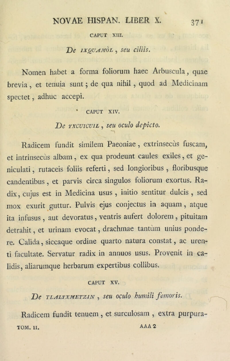 CAPUT XIII. JDe ixQUAMOL 5 seu ciliis. Nomen habet a forma foliorum haec Arbuscula, quae brevia, et tenuia sunt; de qua nihil, quod ad Medicinam spectet 5 adhuc accepi. • CAPUT XIV. T>e TXCUicuiL, seu oculo depicto. Radicem fundit similem Paeoniae, extrinsecus fuscam, et intrinsecus albam, ex qua prodeunt caules exiles, et ge- niculati , rutaceis foliis referti, sed longioribus , floribusque candentibus, et parvis circa singulos foliorum exortus. Ra- dix , cujus est in Medicina usus , initio sentitur dulcis , sed mox exurit guttur. Pulvis ejus conjectus in aquam, atque ita infusus , aut devoratus, ventris aufert dolorem , pituitam detrahit, et urinam evocat, drachmae tantum unius ponde- re. Calida, siccaque ordine quarto natura constat, ac uren- ti facultate. Servatur radix in annuos usus. Provenit ia ca- lidis, aliarumque herbarum expertibus collibus, CAPUT XV. T)e TLALTXMETziN , scu oculo humiVt femoris. Radicem fundit tenuem , et surculosam , extra purpura-