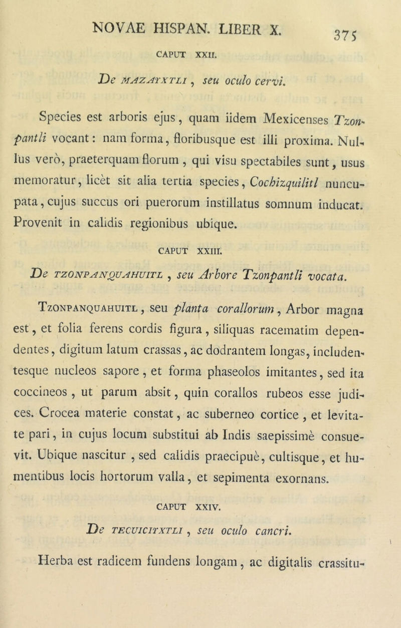 37S CAPUT XXII. De MAZAYXTLi, seu oculo cervi. Species est arboris ejus, quam iidem Mexicenses Tzow- pantli vocant: nam forma, floribusque est illi proxima. Nul- lus vero, praeterquam florum , qui visu spectabiles sunt, usus memoratur, licet sit alia tertia species, Qochizcpulitl nuncu- pata, cujus succus ori puerorum instillatus somnum inducat. Provenit in calidis regionibus ubique. CAPUT xxiir. De TZONPANQUAHUITL , scu Arbovc TzonpantU vocata. Tzonpanquahuitl , seu planta coraliorum, Arbor magna est, et folia ferens cordis figura, siliquas racematim depen- dentes , digitum latum crassas, ac dodrantem longas, includem tesque nucleos sapore, et forma phaseolos imitantes, sed ita coccineos , ut parum absit, quin corallos rubeos esse judi- ces. Crocea materie constat, ac suberneo cortice , et levita- te pari, in cujus locum substitui ab Indis saepissime consue- vit. Ubique nascitur , sed calidis praecipue, cultisque, et hu- mentibus locis hortorum valla, et sepimenta exornans. CAPUT XXIV. De TECuiciTXTLi, SCU oculo cancri. Herba est radicem fundens longam, ac digitalis crassitu-