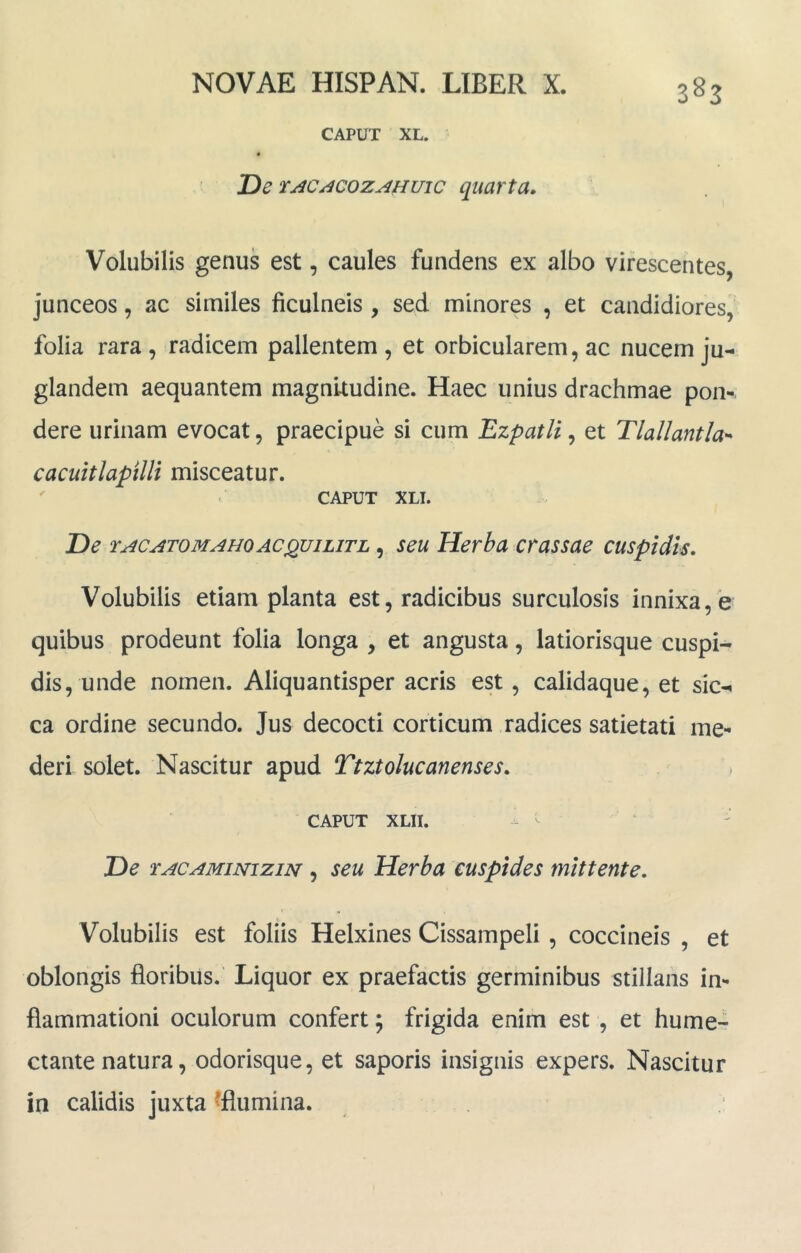 CAPUT XL. « De Tu^c^coz^Huic quarta. Volubilis genus est, caules fundens ex albo virescentes, junceos, ac similes ficulneis , sed minores , et candidiores, folia rara, radicem pallentem, et orbicularem, ac nucem ju- glandem aequantem magnitudine. Haec unius drachmae poi>. dere urinam evocat, praecipue si cum Ezpatli, et Tlallantla'^ cacuitlapilli misceatur. CAPUT XLI. De tacatomahoac^uilitl , seu Herba crassae cuspidis. Volubilis etiam planta est, radicibus surculosis innixa, e quibus prodeunt folia longa , et angusta, latiorisque cuspi- dis, unde nomen. Aliquantisper acris est, calidaque, et sic- ca ordine secundo. Jus decocti corticum radices satietati me- deri solet. Nascitur apud Ttztolucanenses, CAPUT XLII. De rACAMimziN , seu Herba cuspides mittente. Volubilis est foliis Helxines Cissampeli, coccineis , et oblongis floribus. Liquor ex praefactis germinibus stillans in- flammationi oculorum confert; frigida enim est , et hume- ctante natura, odorisque, et saporis insignis expers. Nascitur in calidis juxta ^flumina.