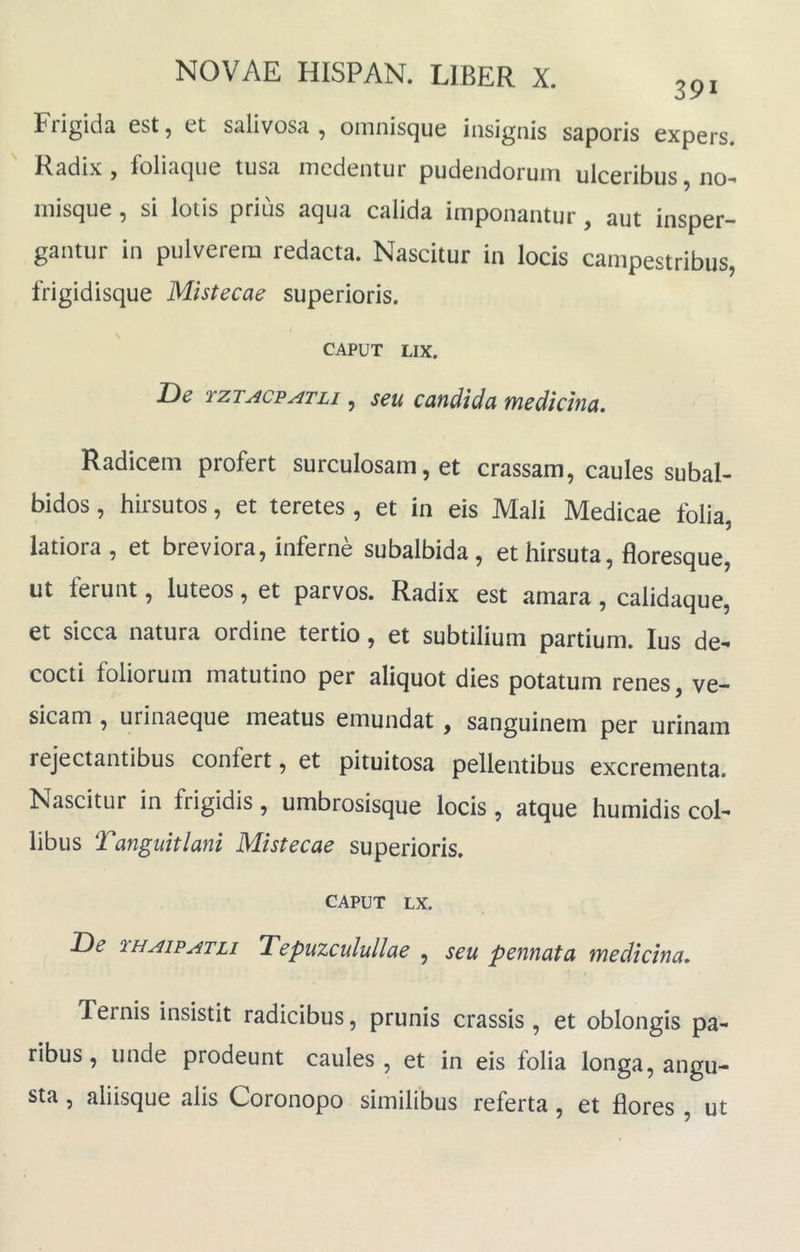 Frigida est, et salivosa , oinnisque insignis saporis expers. Radix, foliaqiie tusa medentur pudendorum ulceribus, no- inisque , si lotis prius aqua calida imponantur, aut insper- gantur in pulverem redacta. Nascitur in locis campestribus, frigidisque Mistecae superioris. CAPUT LIX. De TZTAcvATLi, seu candida v/iediclna. Radicem profert surculosam, et crassam, caules subal- bidos , hirsutos, et teretes , et in eis Mali Medicae folia, latiora, et breviora, inferne subalbida, et hirsuta, floresque, ut ferunt, luteos, et parvos. Radix est amara, calidaque, et sicca natura ordine tertio, et subtilium partium. Ius de- cocti foliorum matutino per aliquot dies potatum renes, ve- sicam , urinaeque meatus emundat, sanguinem per urinam rejectantibus confert, et pituitosa pellentibus excrementa. Nascitur in frigidis, umbrosisque locis, atque humidis col- libus Tangiiitlani Mistecae superioris. CAPUT LX. De THAiPATLi Tepuzculullae , seu pennata vnedicina» Ternis insistit radicibus, prunis crassis , et oblongis pa- ribus , unde prodeunt caules , et in eis folia longa, angu- sta , aliisque alis Coronopo similibus referta , et flores , ut