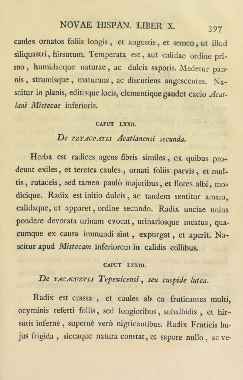 397 caules ornatos foliis longis, et angustis, et semen, ut illud siliquastri, hirsutum. Temperata est, aut calidae ordine pri- mo, humidaeque naturae, ac dulcis saporis. Medetur pan- nis , strumisque, maturans, ac discutiens augescentes. Na- scitur in planis, editisque locis, elementique gaudet caelo Acat- lani Mistecae inferioris. CAPUT LXXII. De rzTACFATLi Acatlanensi secunda. Herba est radices agens fibris similes, ex quibus pro- deunt exiles, et teretes caules , ornati foliis parvis, et mul- tis , rutaceis, sed tamen paulo majoribus, et flores albi, mo- dicique. Radix est initio dulcis, ac tandem sentitur amara, calidaque, ut apparet, ordine secundo. Radix unciae unius pondere devorata urinam evocat, urinariosque meatus, qua- cumque ex causa immundi sint, expurgat, et aperit. Na- scitur apud Mistecam inferiorem in calidis collibus. CAPUT Lxxni. De TCACACuzTLi Tepexiceusi ^ seu cuspide lutea. Radix est crassa , et caules ab ea fruticantes multi, ocyminis referti foliis, sed longioribus, subalbidis , et hir- sutis inferne, superne vero nigricantibus. Radix Fruticis hu- jus frigida , siccaque natura constat, et sapore nullo, aeve-