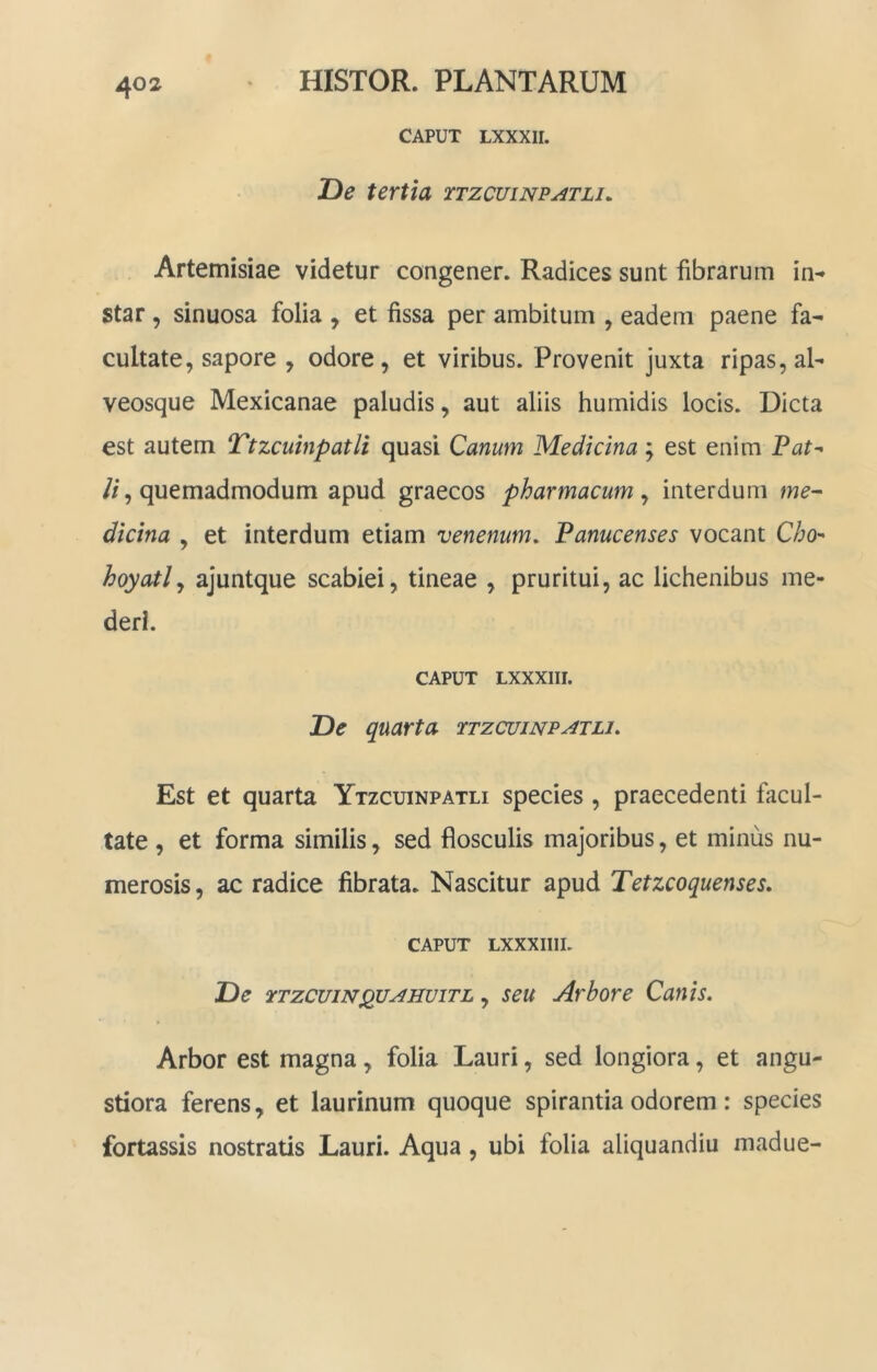 CAPUT LXXXII. De tertia xtzcuinp^tli. Artemisiae videtur congener. Radices sunt fibrarum in^ star, sinuosa folia , et fissa per ambitum , eadem paene fa- cultate, sapore , odore, et viribus. Provenit juxta ripas, aU veosque Mexicanae paludis, aut aliis humidis locis. Dicta est autem Ttzcuinpatli quasi Canum Medicina; est enim Pat^ //, quemadmodum apud graecos pharmacum ^ interdum me- dicina , et interdum etiam venenum. Panucenses vocant C/;o- hoyatl^ ajuntque scabiei, tineae , pruritui, ac lichenibus me- deri. CAPUT LXXXIII. De quarta xtzcuinpatlj. Est et quarta Ytzcuinpatli species , praecedenti facul- tate , et forma similis, sed flosculis majoribus, et minus nu- merosis, ac radice fibrata. Nascitur apud Tetzcoquenses. CAPUT LXXXIllL De xtzcuin^uzihuitl , seu Arbore Canis. Arbor est magna, folia Lauri, sed longiora, et angu- stiora ferens, et laurinum quoque spirantia odorem: species fortassis nostratis Lauri. Aqua, ubi folia aliquandiu madue-