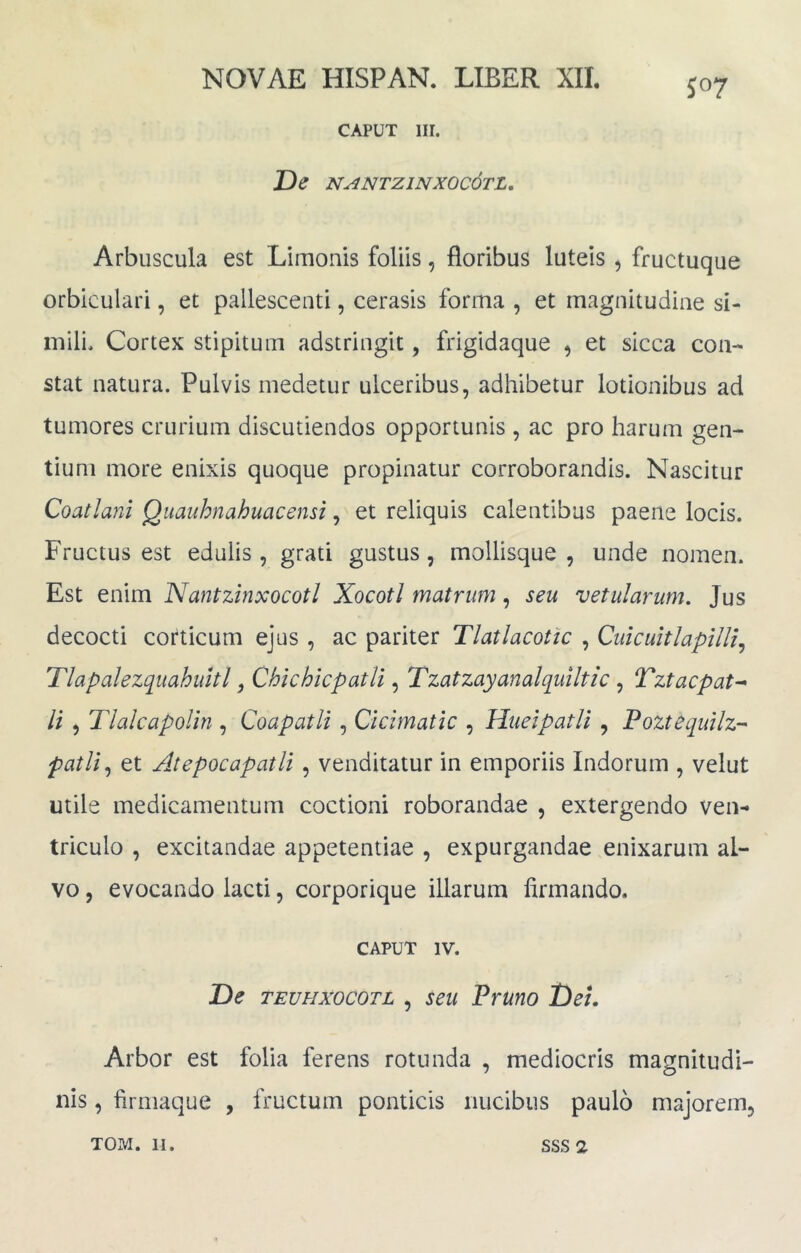 J07 CAPUT iir. De nantzinxoc6tl, Arbuscula est Limoiiis foliis, floribus luteis ^ fructuque orbiculari, et pallescenti, cerasis forma , et magnitudine si- mili, Cortex stipitum adstringit, frigidaque , et sicca con- stat natura. Pulvis medetur ulceribus, adhibetur lotionibus ad tumores crurium discutiendos opportunis , ac pro harum gen- tium more enixis quoque propinatur corroborandis. Nascitur Coatlani Quauhnahuacensi, et reliquis calentibus paene locis. Fructus est edulis, grati gustus, mollisque , unde nomen. Est enim Nantzinxocotl Xocotl matrum, seu vetularum, Jus decocti corticum ejus , ac pariter Tlatlacotic , QuicuitlapiU^ Tlapalezquahuitl, Chichicpatli, Tzatzayanalquiltic , Tztacpat^ li , Tlalcapolin , Coapatli, Cicimatic , HuelpatU , Foztequilz-- patii,, et Atepocapatli , venditatur in emporiis Indorum , velut utile medicamentum coctioni roborandae , extergendo ven- triculo , excitandae appetentiae , expurgandae enixarum al- vo 5 evocando lacti, corporique illarum firmando. CAPUT IV. De TEUHxocoTL , seu Pruno Dei. Arbor est folia ferens rotunda , mediocris magnitudi- nis , firniaque , fructum ponticis nucibus paulo majorem.