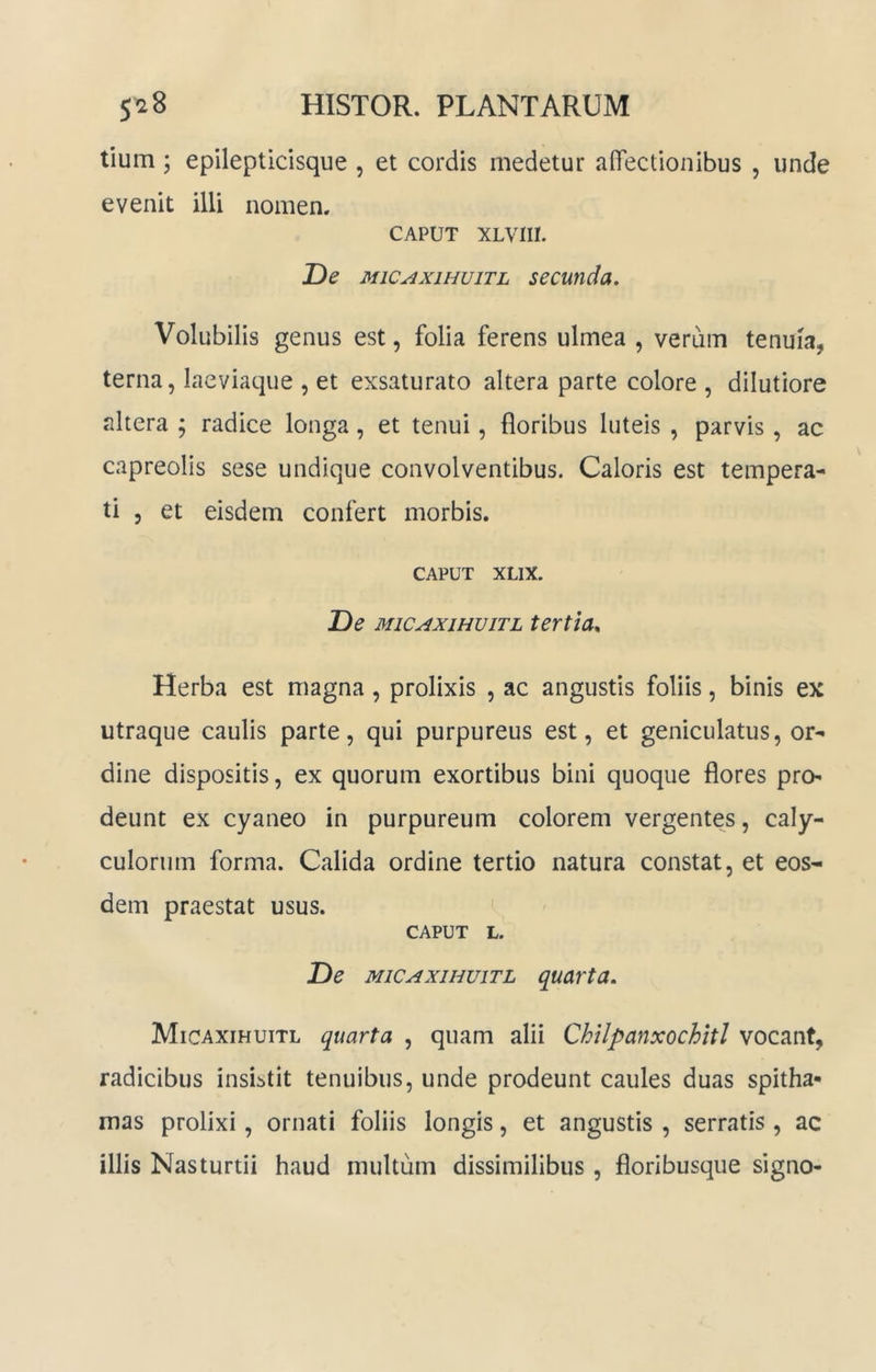 tium; epileptidsque , et cordis medetur affectionibus , unde evenit illi nomen. CAPUT XLVIII. De MiCAxiHuiTL secunda. Volubilis genus est, folia ferens ulmea , verum tenuia, terna, laeviaque , et exsaturato altera parte colore , dilutiore altera ; radice longa, et tenui, floribus luteis , parvis, ac capreolis sese undique convolventibus. Caloris est tempera- ti 5 et eisdem confert morbis. CAPUT XLIX. De MiCAxiHuiTL tertia^ Herba est magna, prolixis , ac angustis foliis, binis ex utraque caulis parte, qui purpureus est, et geniculatus, or- dine dispositis, ex quorum exortibus bini quoque flores pro- deunt ex cyaneo in purpureum colorem vergentes, caly- culorum forma. Calida ordine tertio natura constat, et eos- dem praestat usus. CAPUT L. De MiCAXiHuiTL quarta. Micaxihuitl quarta , quam alii Chilpanxochitl vocant, radicibus insLtit tenuibus, unde prodeunt caules duas spitha- mas prolixi, ornati foliis longis, et angustis , serratis, ac illis Nasturtii haud multum dissimilibus, floribusque signo-