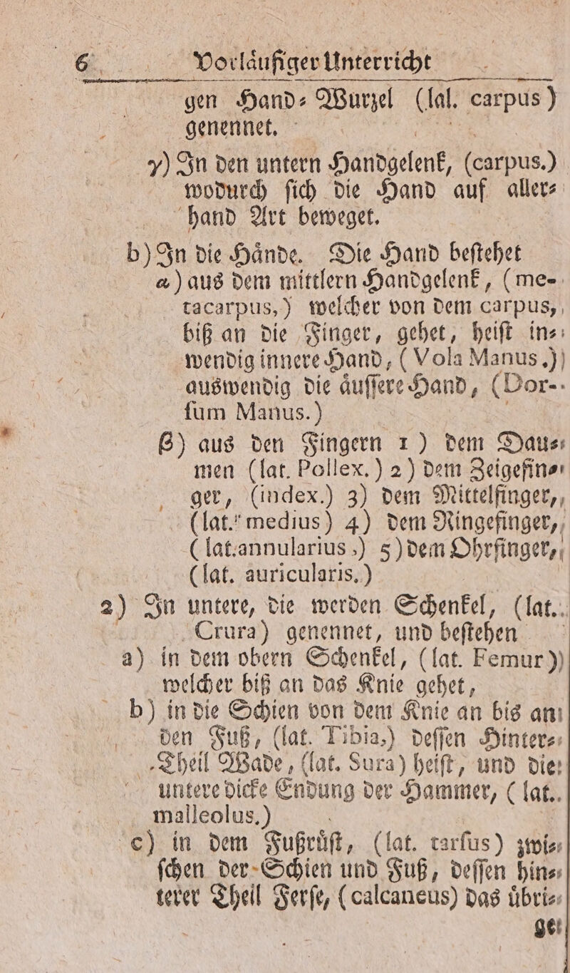 gen Hand» Wurzel (lal. carpus ) genennet, SAT 5) In den untern Handgelenk, (carpus.) wodurch ſich die Hand auf aller⸗ hand Art beweget. b) In die Haͤnde. Die Hand beſtehet a) aus dem mittlern Handgelenk, (me- tacarpus,) welcher von dem carpus, biß an die Finger, gehet, heiſt in⸗ wendig innere Hand, (Vola Manus.) auswendig die aͤuſſere Hand, (Vor- ſum Manus.) ü ) aus den Fingern 1) dem Dau⸗ men (lat. Pollex.) 2) dem Zeigefin⸗ ger, (index.) 3) dem Mittelfinger, (lat.“ medius) 4) dem Ningefinger,, (lat.annularius)) 5) dem Ohrfinger, (lat. auricularis.) 2) In untere, die werden Schenkel, (lat.“ 5 Crura) genennet, und beſtehen a) in dem obern Schenkel, (lat. Femur)) welcher biß an das Knie gehet, b) in die Schien von dem Knie an bis an den Fuß, (lat. Tibia,) deſſen Hinter⸗ „Theil Wade, (lat. Sura) heiſt, und die: untere dicke Endung der Hammer, (lat. malleolus.) b c) in dem Fußruͤſt, (lat. tarſus) zwi⸗ ſchen der Schien und Fuß, deſſen hin⸗ terer Theil Ferſe, (calcaneus) das uͤbri⸗ ö ge. *