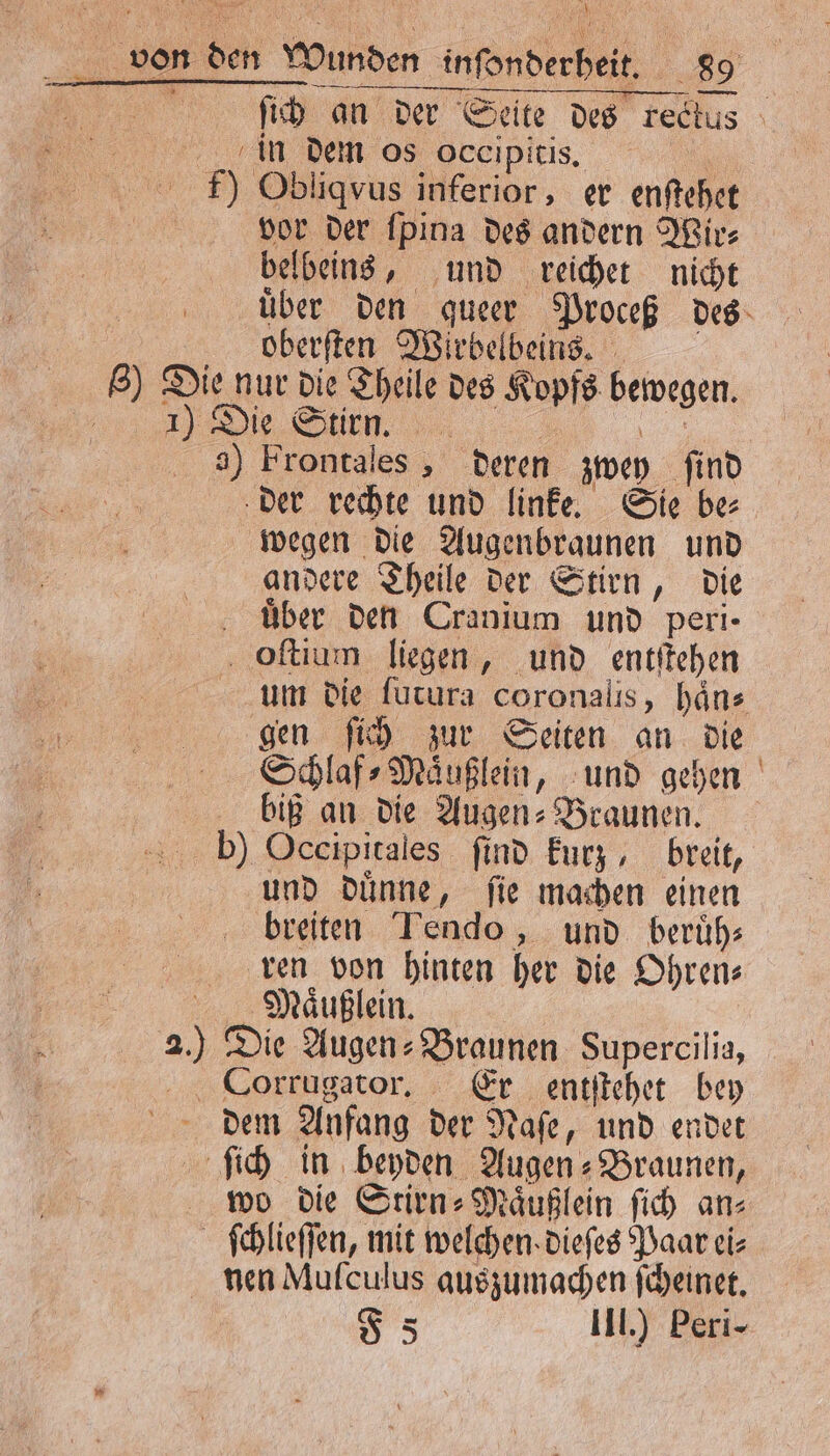 ſich an der Seite des rectus in dem os occipicis, \ F) Obliqvus inferior, er enftehet vor der ſpina des andern Wir⸗ belbeins, und reichet nicht uͤber den queer Proceß des oberſten Wirbelbeins. 8) Die nur die Theile des Kopfs bewegen. 1) Die Stirn. 5 „ a) Frontales , deren zwey find der rechte und linke. Sie be wegen die Augenbraunen und andere Theile der Stirn, die uͤber den Cranjum und peri- oſtium liegen, und entſtehen um die lutura coronalis, haͤn⸗ gen ſich zur Seiten an die Schlaf⸗Maͤußlein, und gehen biß an die Augen: Braunen. b) Occipitales ſind kurz breit, und duͤnne, ſie machen einen breiten Tendo, und beruͤh— ren von hinten her die Ohren⸗ Maͤußlein. 2.) Die Augen⸗ Braunen Supercilia, Corrugator. Er entſtehet bey dem Anfang der Naſe, und endet ſich in beyden Augen⸗ Braunen, wo die Stirn⸗Maͤußlein ſich an⸗ ſchlieſſen, mit welchen dieſes Paar ei⸗ nen Mufculus auszumachen ſcheinet. 85 Ill.) Peri-