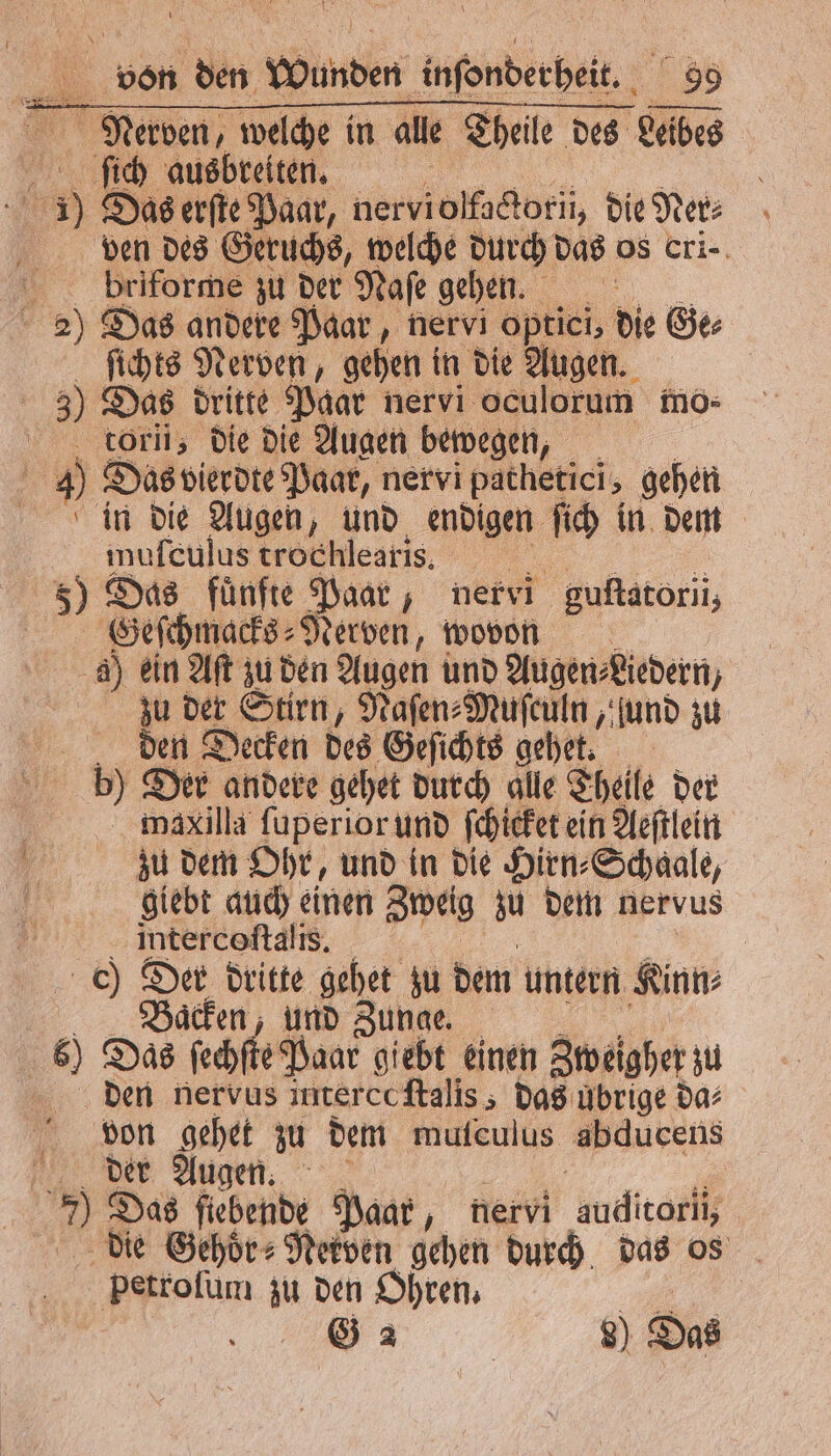 ſich ausbreiten. ven des Geruchs, welche durch das os ori- briforme zu der Naſe gehen. ſichts Nerven, gehen in die Augen. 3) Das dritte Paar nervi oculorum mo- torli, die die Augen bewegen, IB Das vierdte Paar, nervi pathetici, gehen in die Augen, und endigen ſich in dem muſculus trochlearis. 5) Das fünfte Paar, nervi guſtatorli, Geſchmacks⸗ Nerven, wovon a) ein Aſt zu den Augen und Augen⸗Liedern, zu der Stirn, Naſen⸗Muſculn „und zu den Decken des Geſichts gehet. b) Der andere gehet durch alle Theile der mazxilla ſuperior und ſchicket ein Aeſtlein zu dem Ohr, und in die Hirn⸗Schaale, giebt auch einen DD su dem nervus „ 5 . Backen, und . den nervus intercoſtalis, das übrige da: von gehet zu dem muteulus abducens der Augen. die Gehoͤr⸗Nerven gehen durch das os petroſum zu den Ohren.
