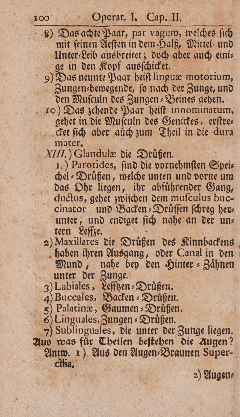 8 Das achte Paar, par vagum, we ſches ſich mit ſeinen Aeſten in dem Halß, Mittel: und Unter⸗Leib ausbreitet; doch aber auch eini⸗ ge in den Kopf ausſchicket. 9) Das neunte Paar heiſt lingur motorium, Zungen⸗ bewegende, ſo nach der Zunge, und den Muſculn des Zungen⸗Beines gehen. 9 0 Das zehende Paar heift innominatum, | So in die Muſculn des Genickes, erſtre⸗ cket ſich aber auͤch zum Theil in die dura mater. XIII.) Glandulæ die Druͤßen. 1.) Parotides, ſind die vornehmſten Spei⸗ chel⸗Druͤßen, welche unten und vorne um das Ohr liegen, ihr abfuͤhrender Gang, Jauctus, gehet zwiſchen dem muſculus buc- cinator und Backen⸗Druͤſſen ſchreg her⸗ unter, und endiget ſich nahe an der un⸗ tern Leffze. | 2) Maxillares die Druͤßen des Kinnbackens haben ihren Ausgang, oder Canal in den Mund, nahe bey den Hinter + Zähnen unter der Zunge. 3) Labiales, Lefftzen⸗Druͤßen. Ai Buccales, Barden : Drüßen. 5) Palatinæ, Gaumen: Drüßen. 16) Linguales, Zungen⸗Druͤßen. 7 Sublinguales, die unter der Zunge liegen. Aus was für Theilen beſtehen die Augen? LEER 1) Aus den Augen⸗ Braunen Super- 0 2) Augen⸗