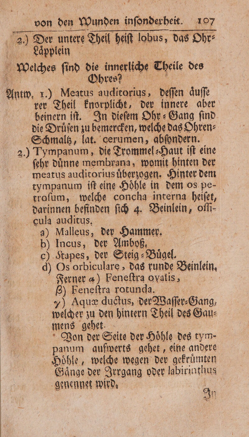 2) Der untere Theil beit Tobus, das Ohr⸗ a u | © Welches find die innerliche Theile des Antw. r.) Meatus auditorius, deſſen aͤuſſe rer Theil knorplicht, der innere aber beinern iſt. In dieſem Ohr⸗Gang ſind die Druͤſen zu bemercken, welche das Ohren⸗ Schmaltz, lat. cerumen, abſondern. 2.) Tympanum, die Trommel⸗Haut iſt eine ſehr duͤnne membrana, womit hinten der meatus auditorius uͤberzogen. Hinter dem tympanum iſt eine Höhle in dem os pe⸗ troſum, welche concha interna heiſet, darinnen befinden ſich 4. Beinlein, oſſi⸗ cCula auditus, N a) Malleus, der Hammer. b) Incus, der Amboß, c) Kapes, der Steig⸗Buͤgel. d) Os orbiculare, das runde Beinlein. Ferner a) Feneſtra ovalis . g) Feneftra rotunda. 5 y) Aque ductus, der Waſſer⸗Gang, welcher zu den hintern Theil des Gau⸗ mens gehet. . Von der Seite der Höhle des tym- panum aufwerts gehet, eine andere Hoͤhle, welche wegen der gekruͤmten Gänge der Irrgang oder labirinthus genenget wird. 3 . I | An