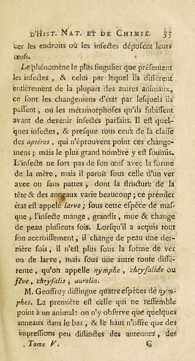 cer les endroits où les infedes dépoféiît leurs œufs. Le ][3hénomène le pl'üs fingitlier que préîentent les inf'edes , Si celui par lequel ils ditTcrent ’entièVement de la plupart des aiures animaux, ce font les changemens d’étât par lefquels ils paffent ■ ou les métaniorphofés qu’ils fubilTent avant de devenir infedés parfaits. Il efl quel¬ ques infedes, &: prefqiié tblis ceuk de la clafTè des aptères , qui n’éprouvent point ces change- mens ; mais le plus grand nombre ÿ eh foühiis. L'infede ne fort pas de fdh œuf avec la forme de la mère , mais il paroît fouS celle d’Un ver avec ou fans pattes , dont la hriidure de là tête & des anneaux varie beaucoup ; cé premier état eh appelé lârvè ; fous cette efpèée dé maf- que j i’infede mange, grandit, mue 8c éhange de peau pluheurs fois. Lorfqu’il a acquis tout fon accroihbment, il changé de peau Une der¬ rière fois, il n’eh pliis fous la forme de ver ou de larve, imais fous line autre toute diffé¬ rente 5 qu’on appelle nymphe , thryfalide Ou fève y chryfalis j aufeliâ, M. Geoffroy dihingue qüàtre éfpctes dé nym-- phes. La première eh celle qui ne reifemble point à un animal: on n’y obferve qiié quelques anneaux dans le bas, 8c lé haut n’ohfe que des imprehions peu dihindes des antennes , de5i Tome y♦ 6